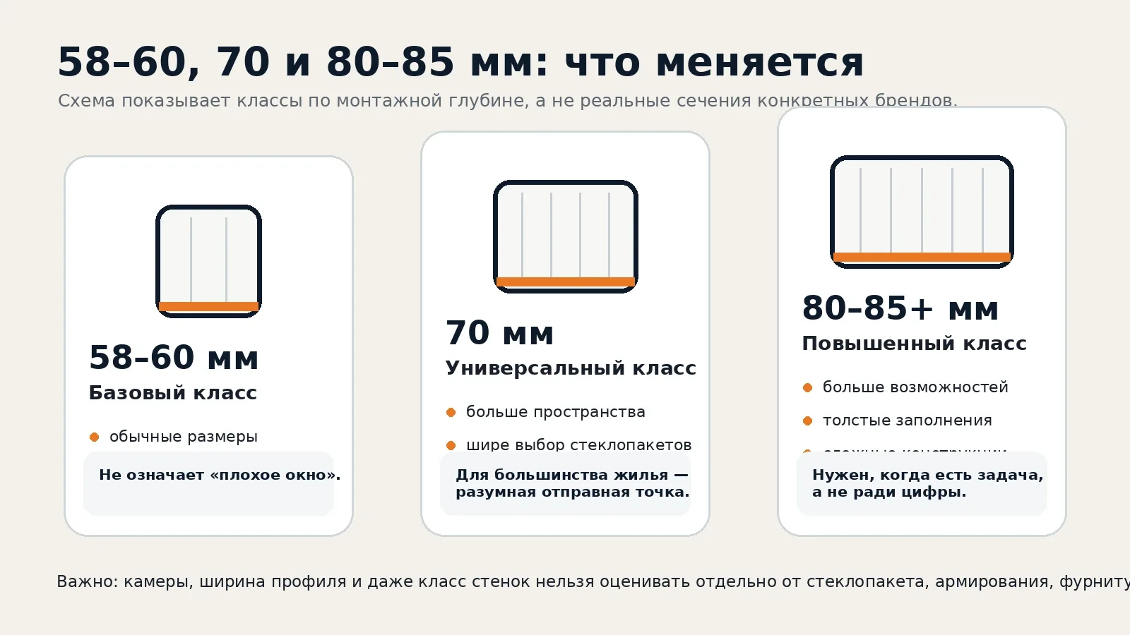Условное сравнение ПВХ-профилей классов 60, 70 и 80–85 мм