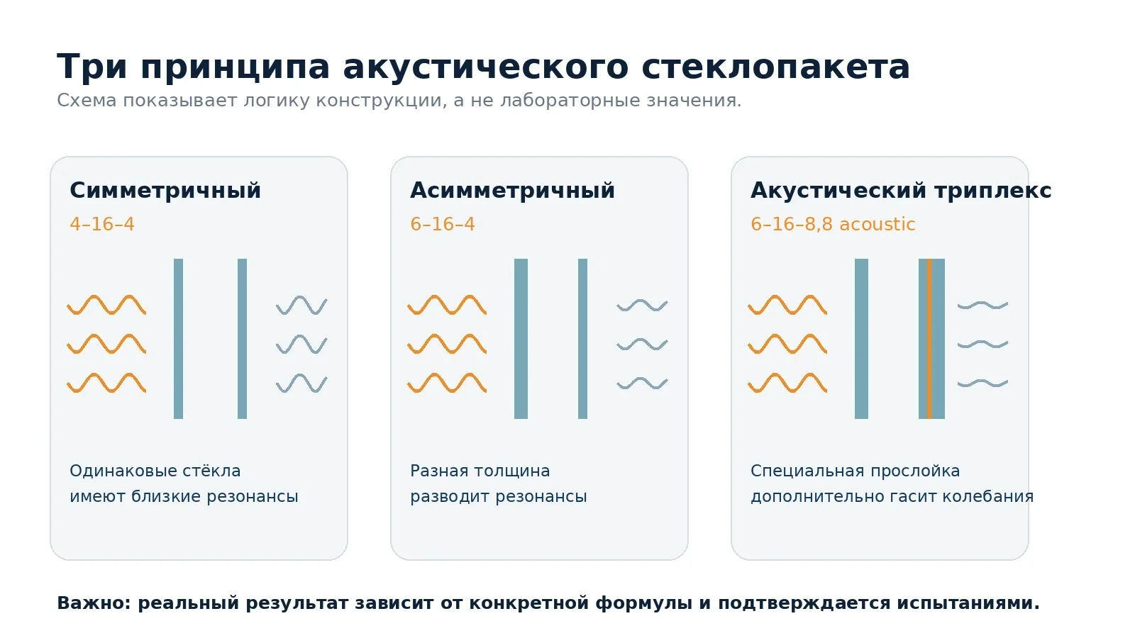 Симметричный, асимметричный стеклопакет и вариант с акустическим триплексом