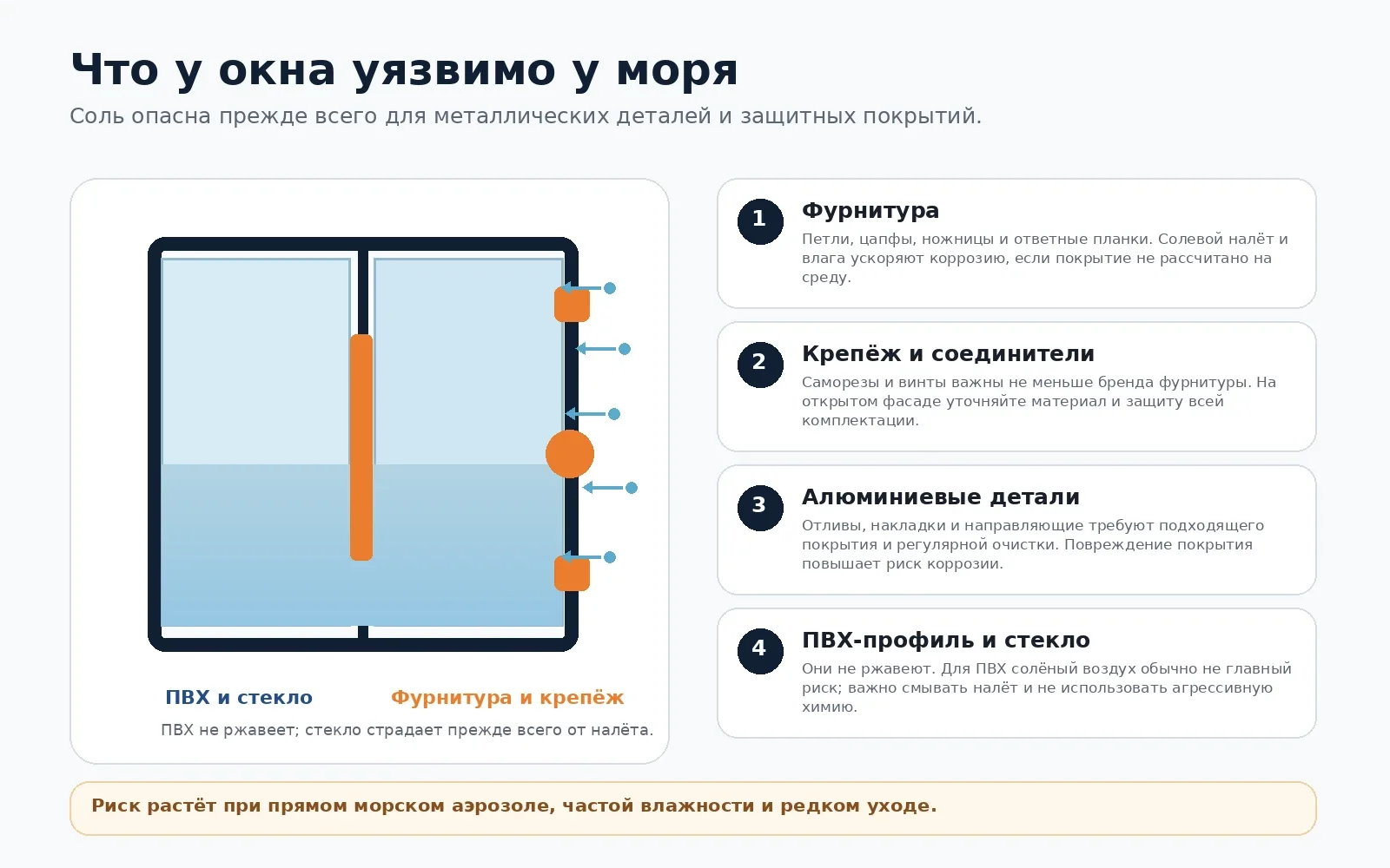 Схема уязвимых к морскому воздуху деталей пластикового окна