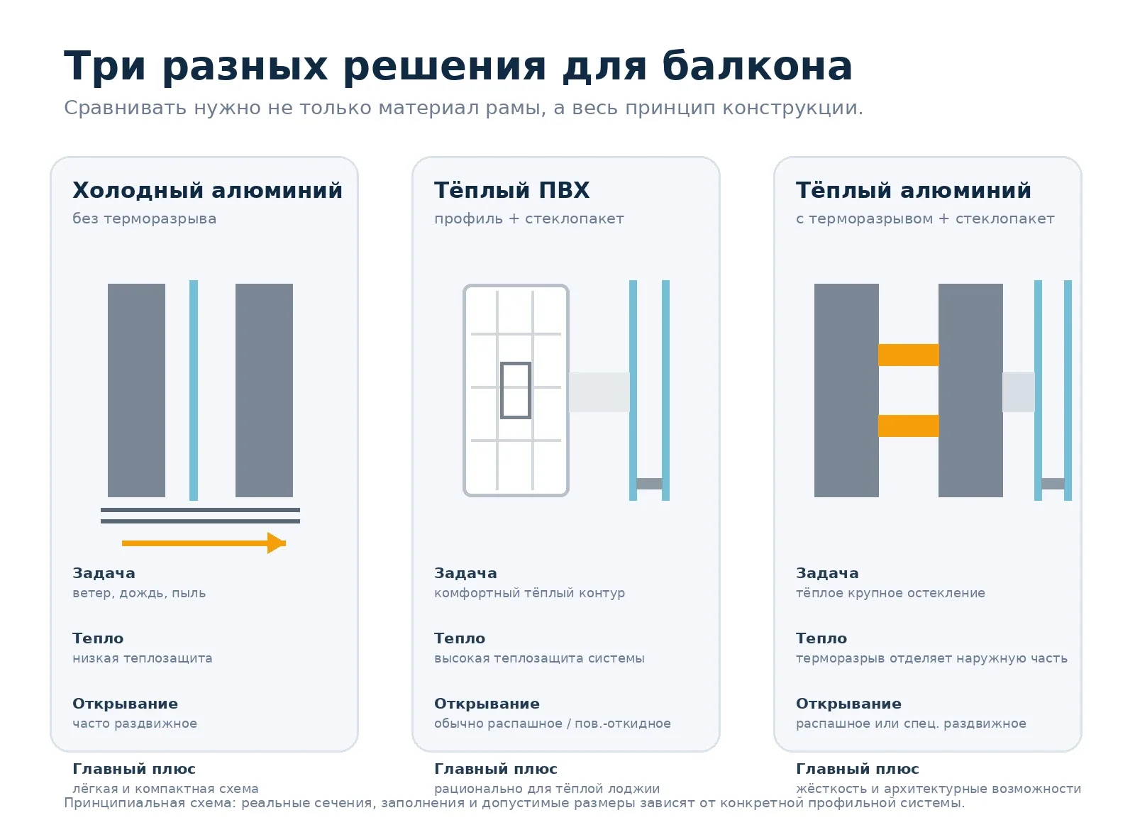 Сравнение холодного алюминия, тёплого ПВХ и тёплого алюминия
