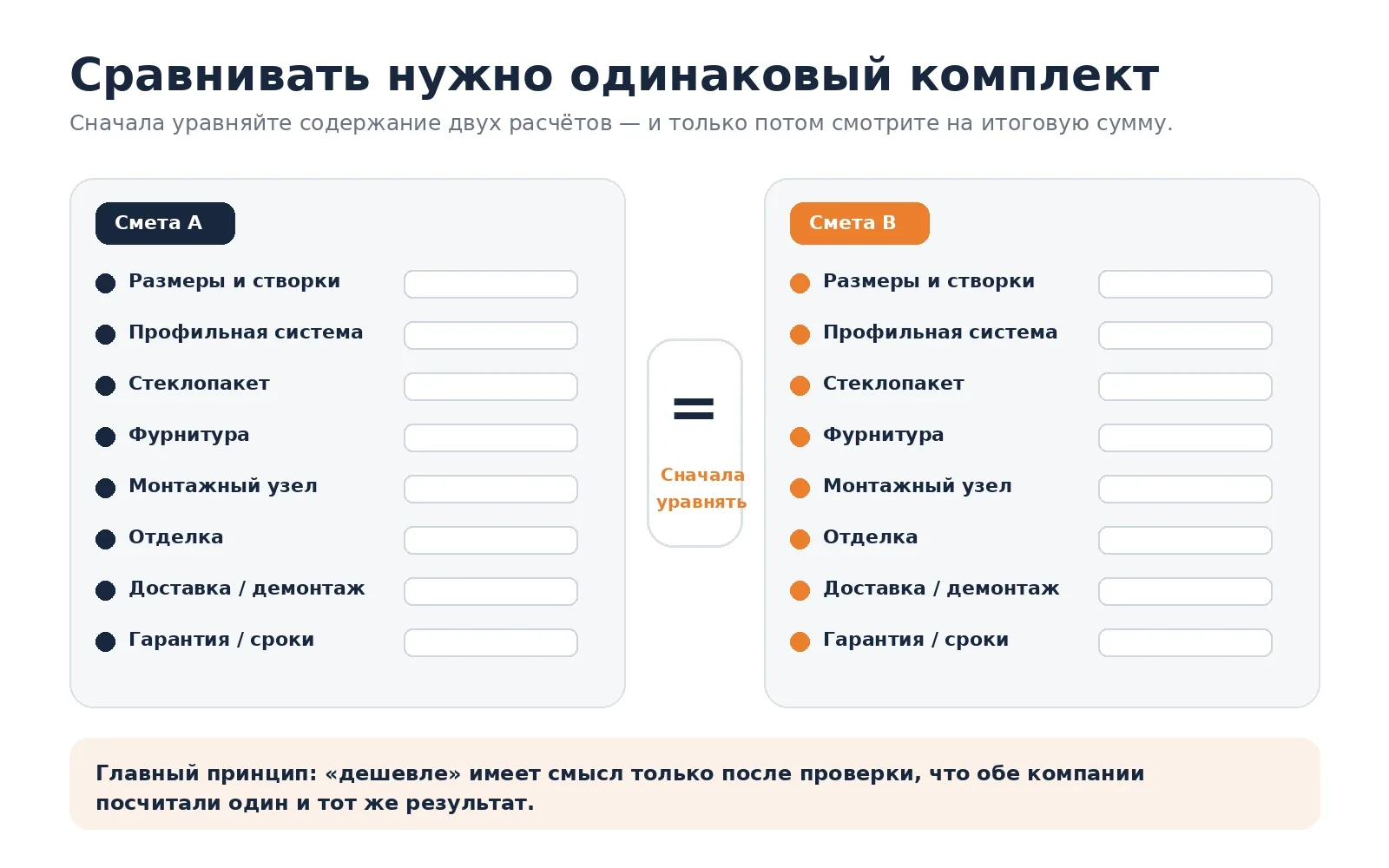 Чек-лист параметров, которые нужно уравнять в двух сметах на окна