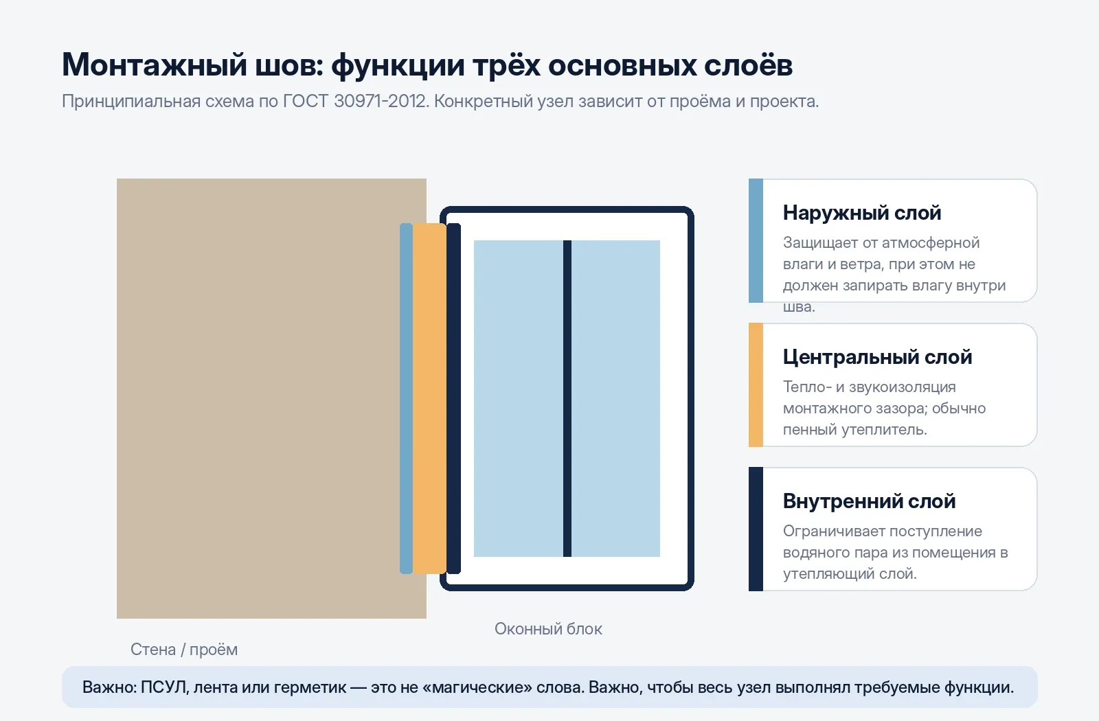 Принципиальная схема наружного, центрального и внутреннего слоёв монтажного шва