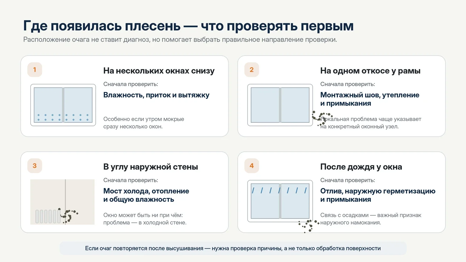 Диагностическая схема: где появилась плесень и какая причина наиболее вероятна