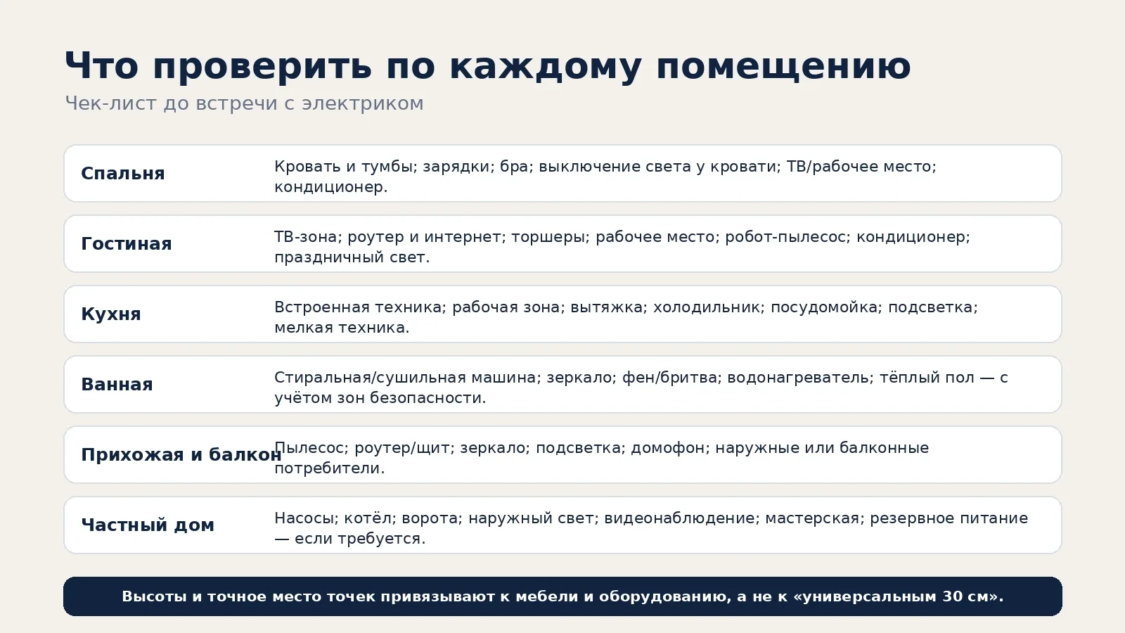 Чек-лист электрики по помещениям квартиры и дома