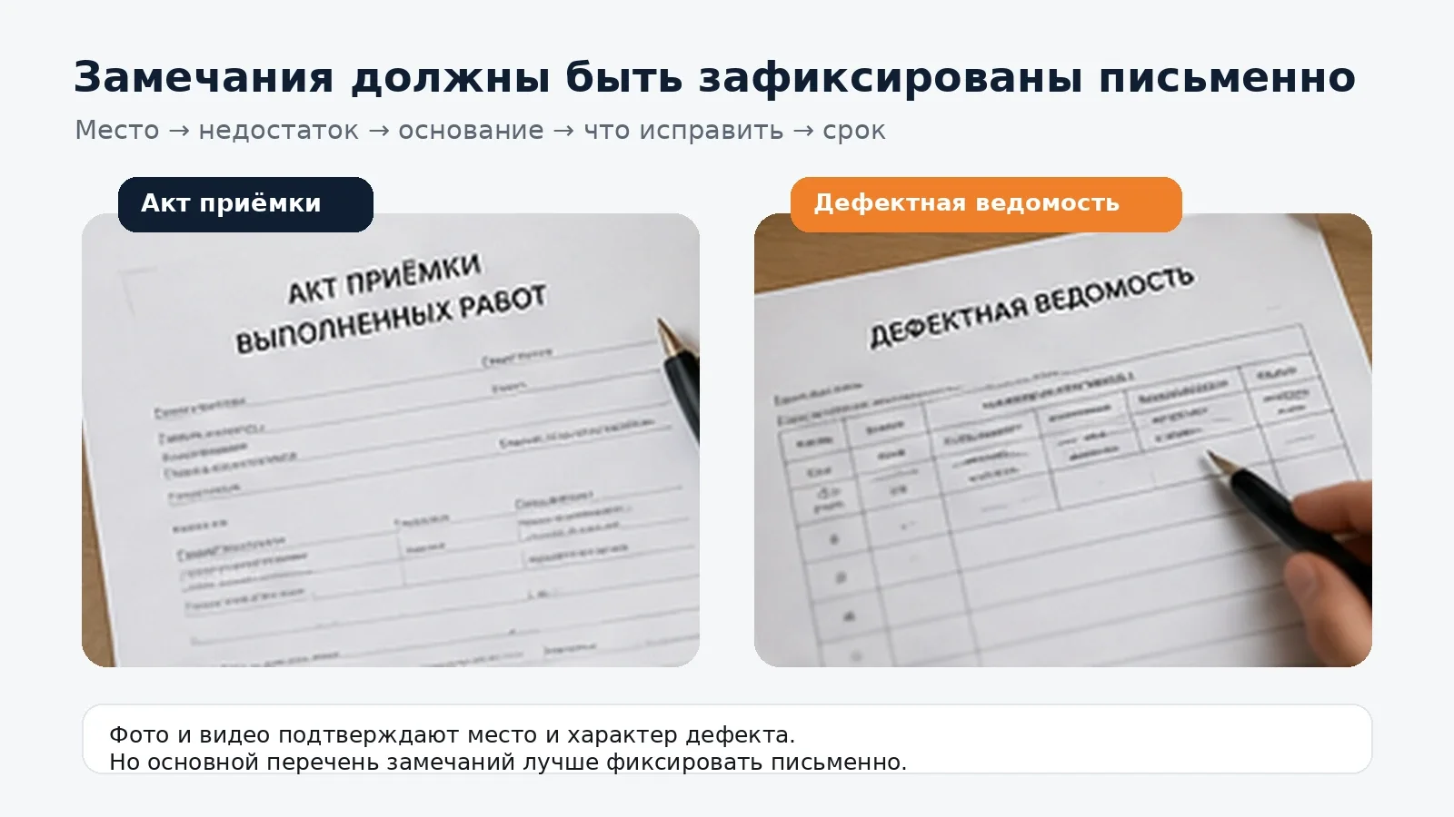 Акт приёмки и дефектная ведомость для письменной фиксации замечаний по ремонту