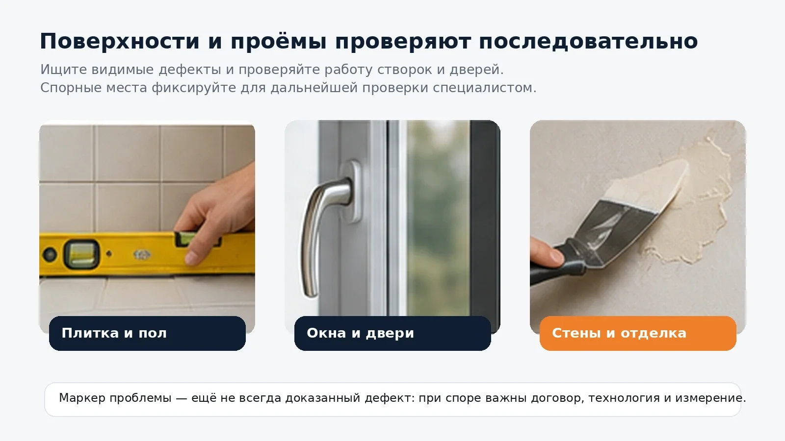 Проверка плитки, окон, дверей и отделочных поверхностей при приёмке ремонта