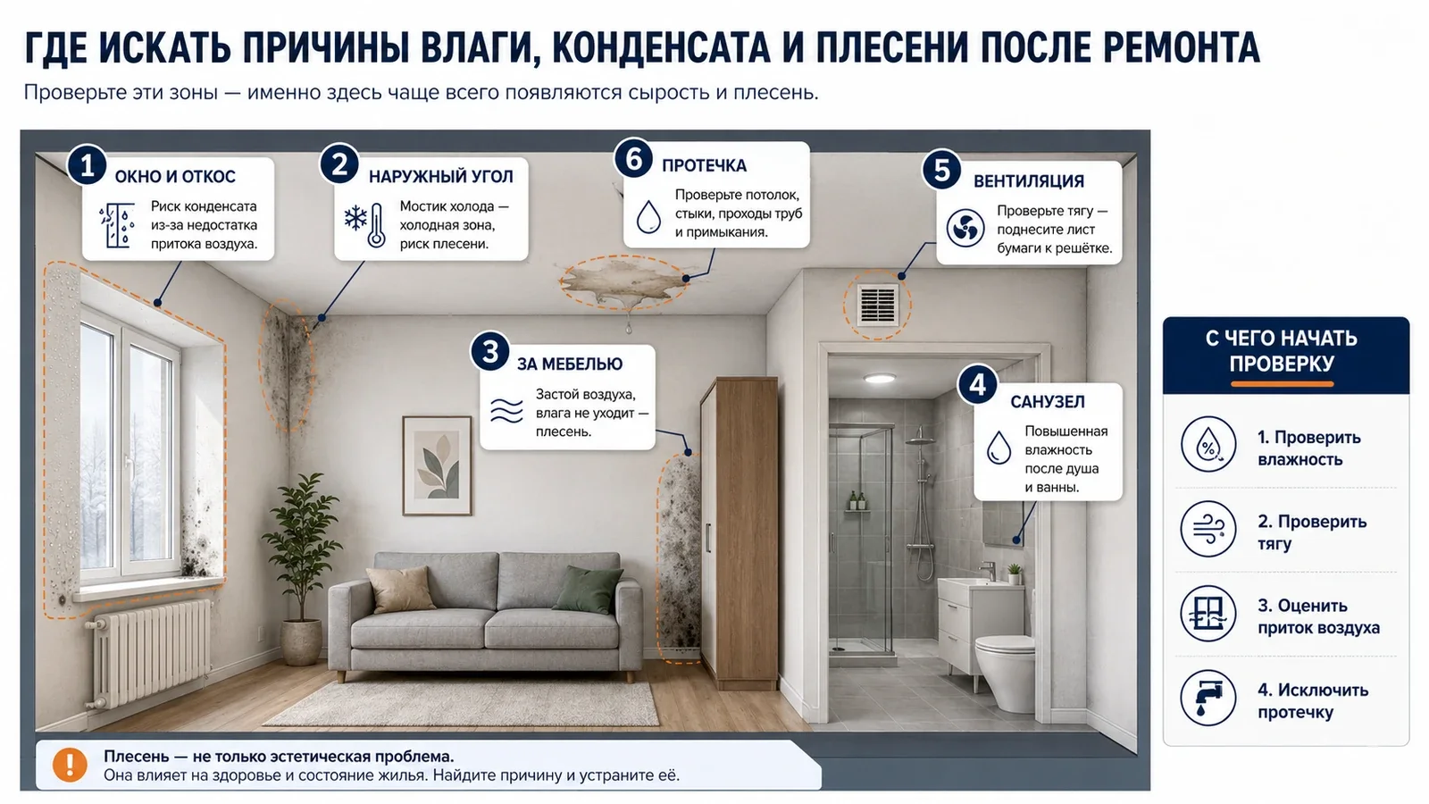 Зоны квартиры, где нужно искать причины сырости, конденсата и плесени
