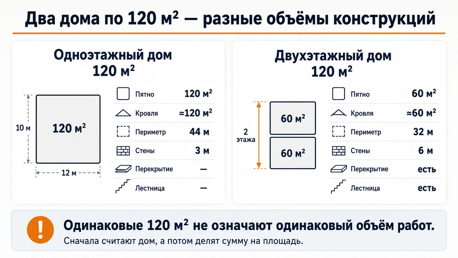 Сравнение одноэтажного и двухэтажного домов по 120 м² по пятну застройки, кровле, наружным стенам и перекрытиям