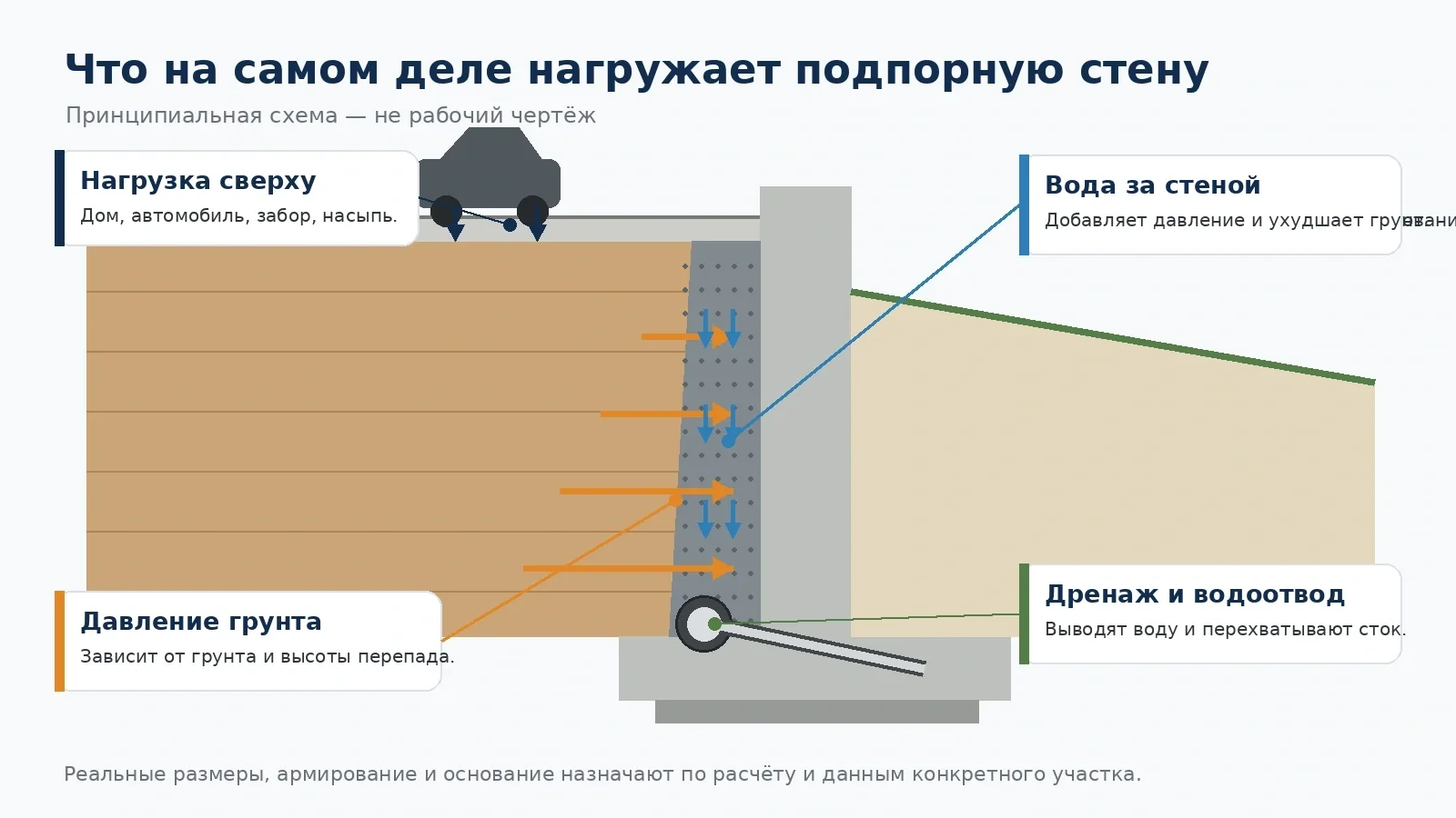 Принципиальная схема нагрузок, воды и дренажа у подпорной стены