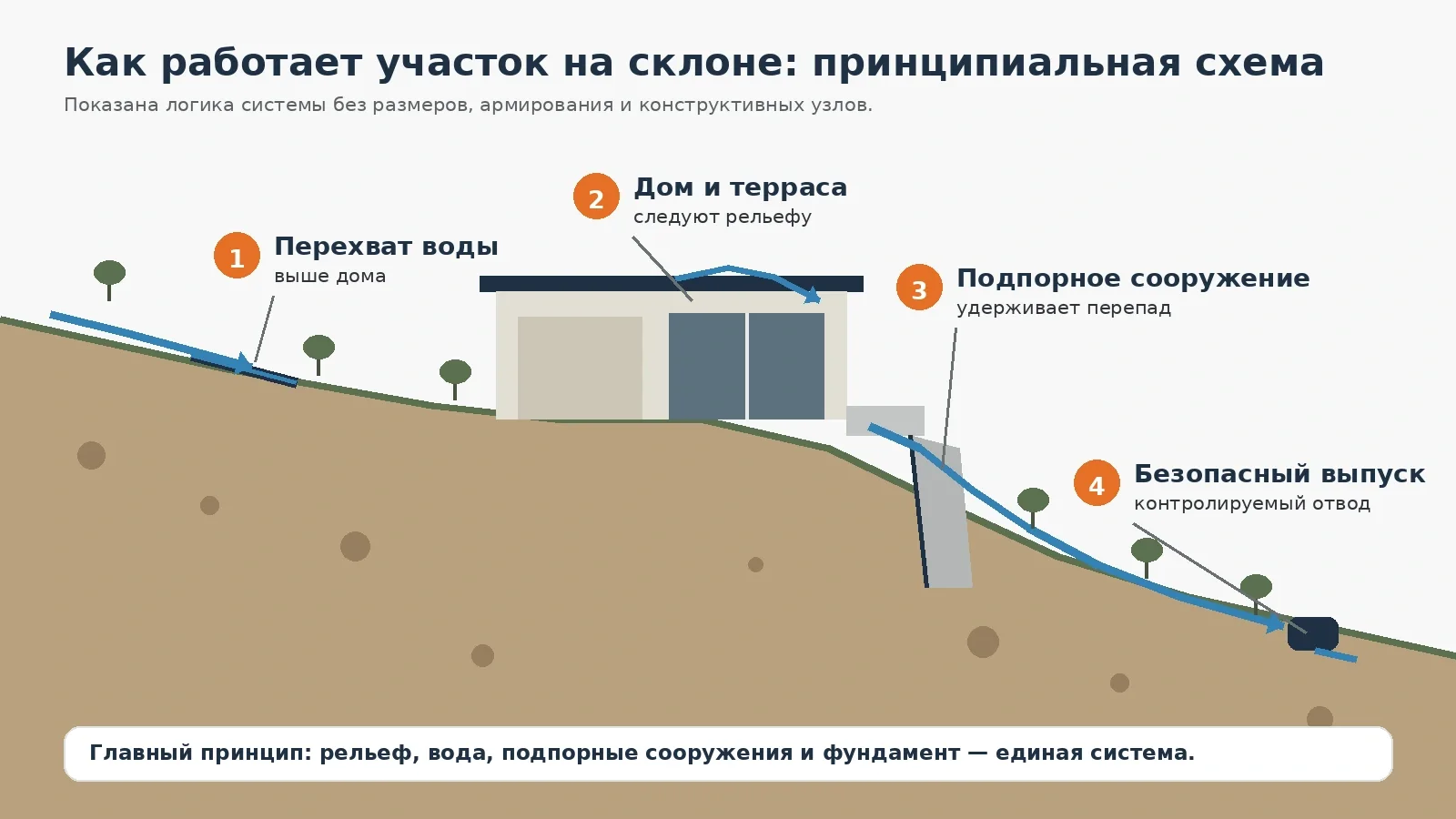 Принципиальная схема дома на склоне: перехват поверхностной воды, терраса, подпорное сооружение и безопасный выпуск воды