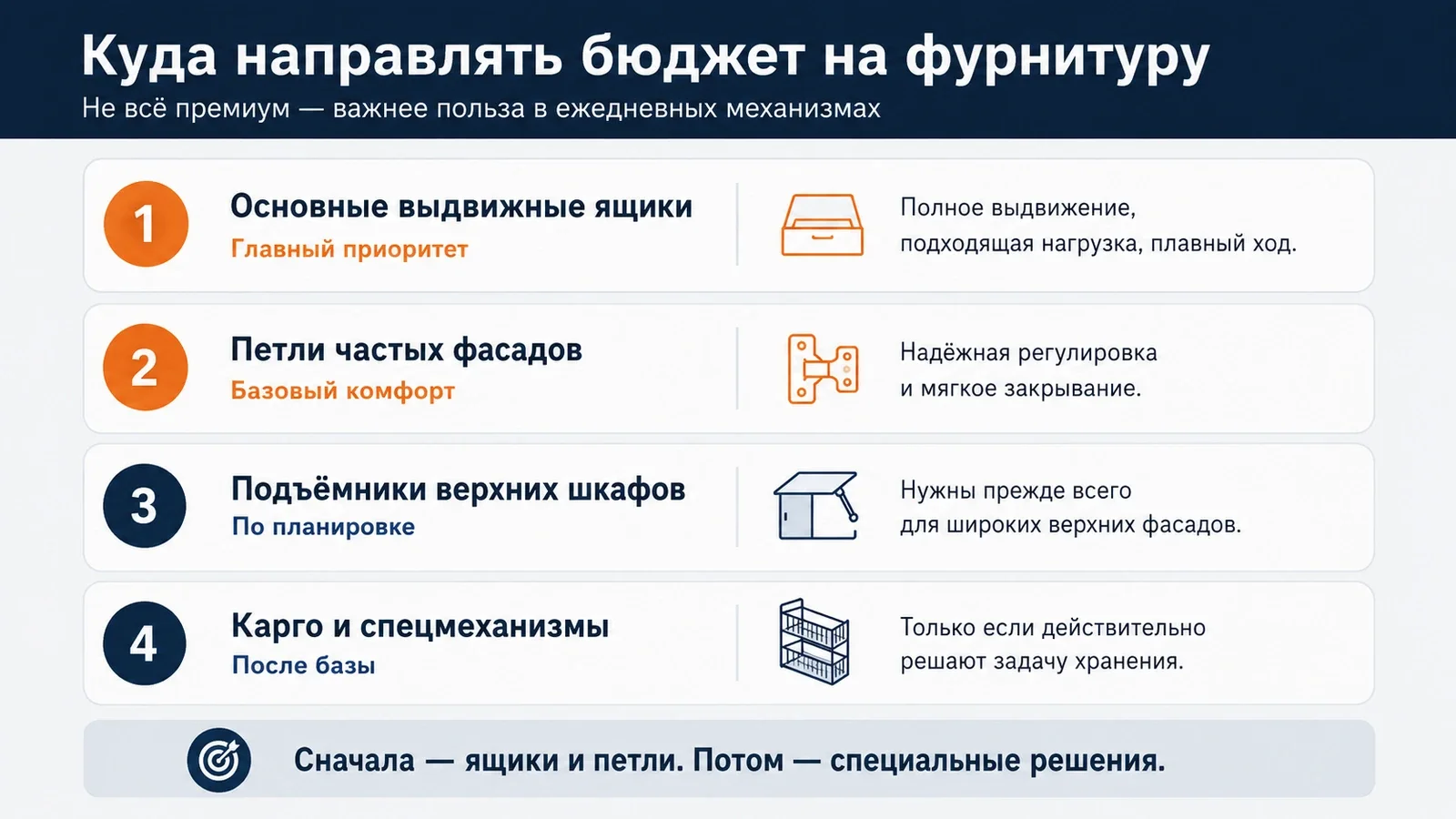 Приоритеты бюджета на кухонную фурнитуру: ящики, петли, подъёмники и специальные системы