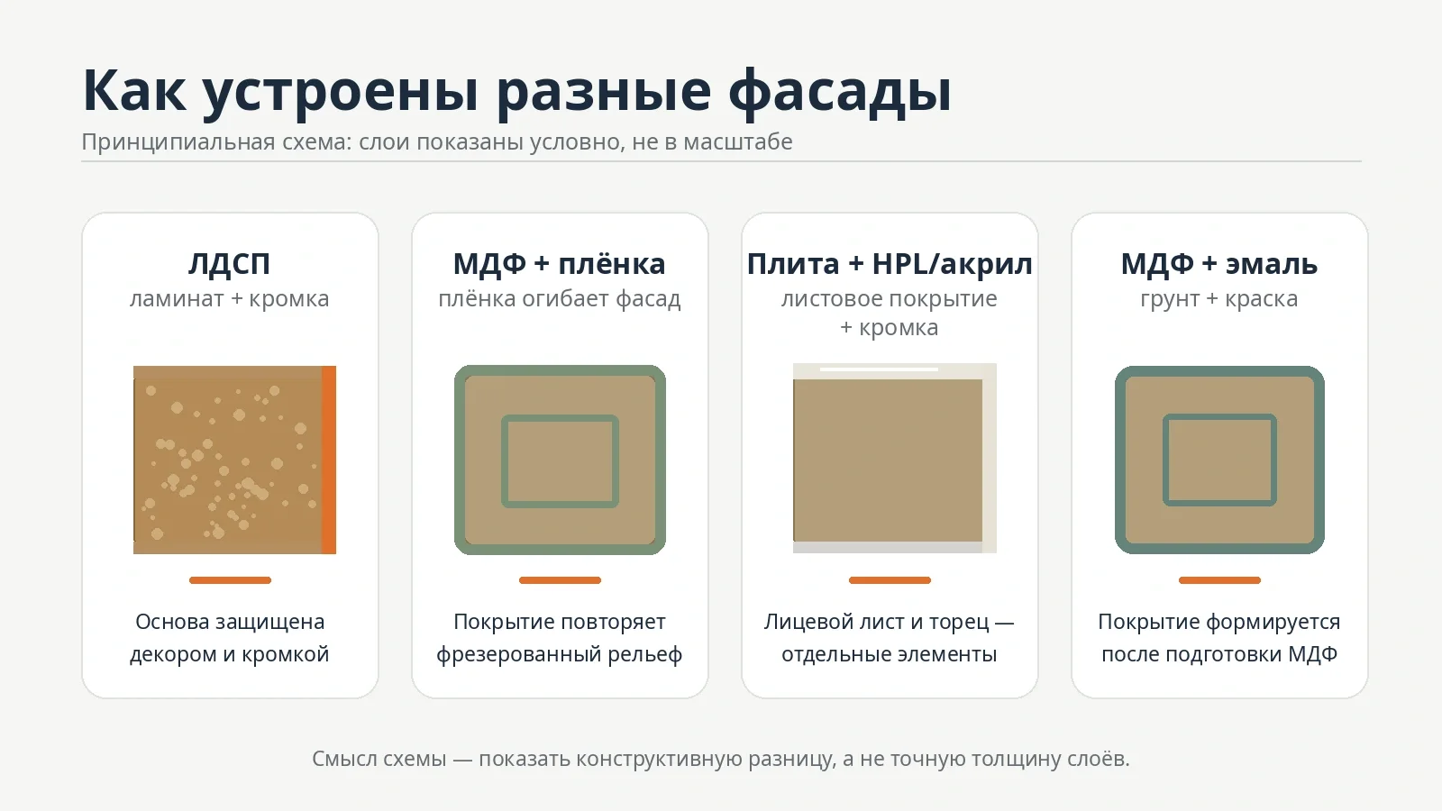 Принципиальная схема устройства ЛДСП, МДФ в плёнке, фасада с листовым покрытием и окрашенного МДФ