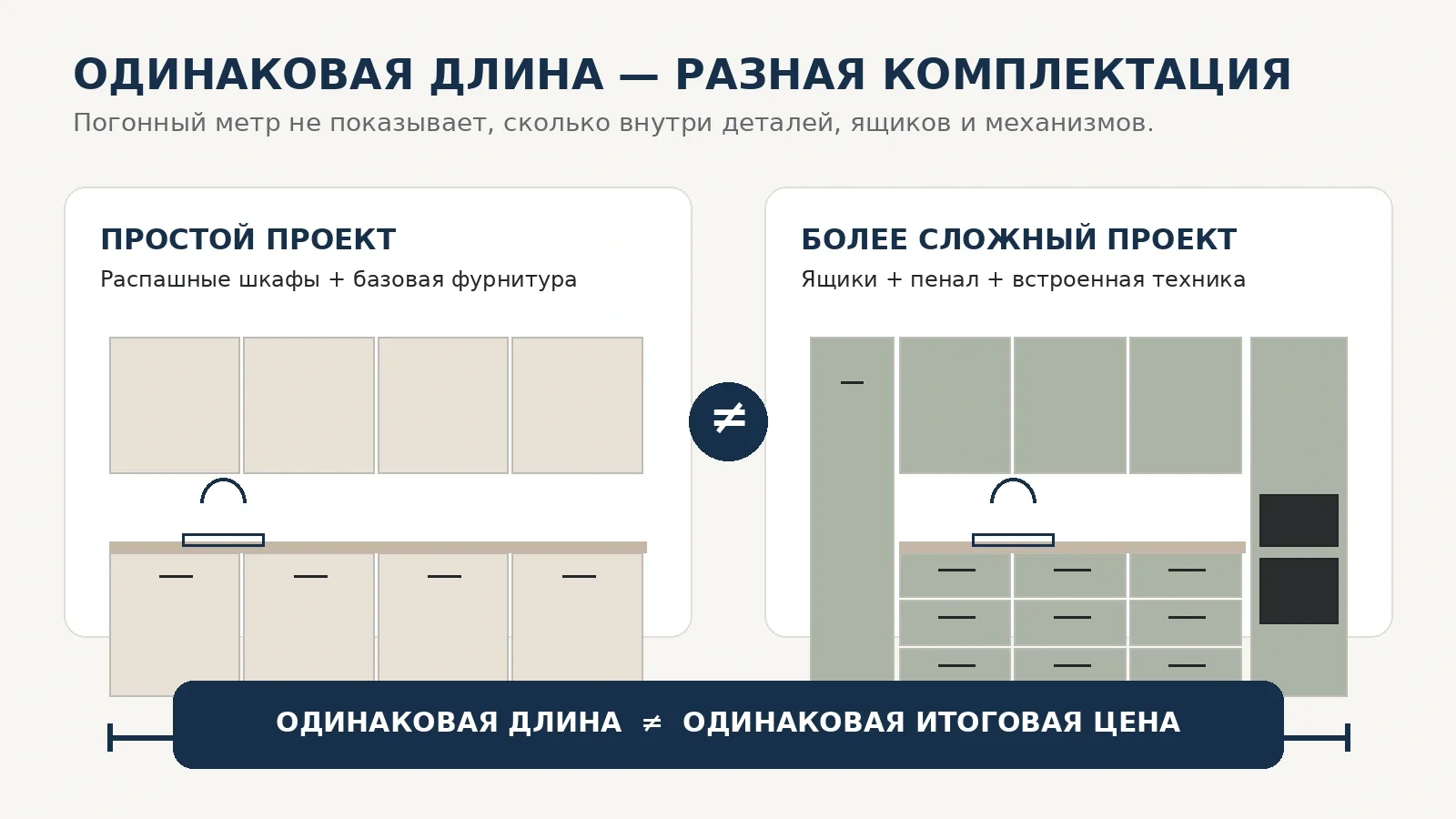 Сравнение двух кухонь одинаковой длины: простые распашные шкафы и проект с ящиками, пеналом и встроенной техникой