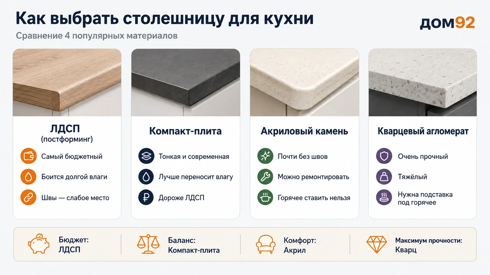 Сравнение сильных сторон и ограничений пяти основных типов кухонных столешниц
