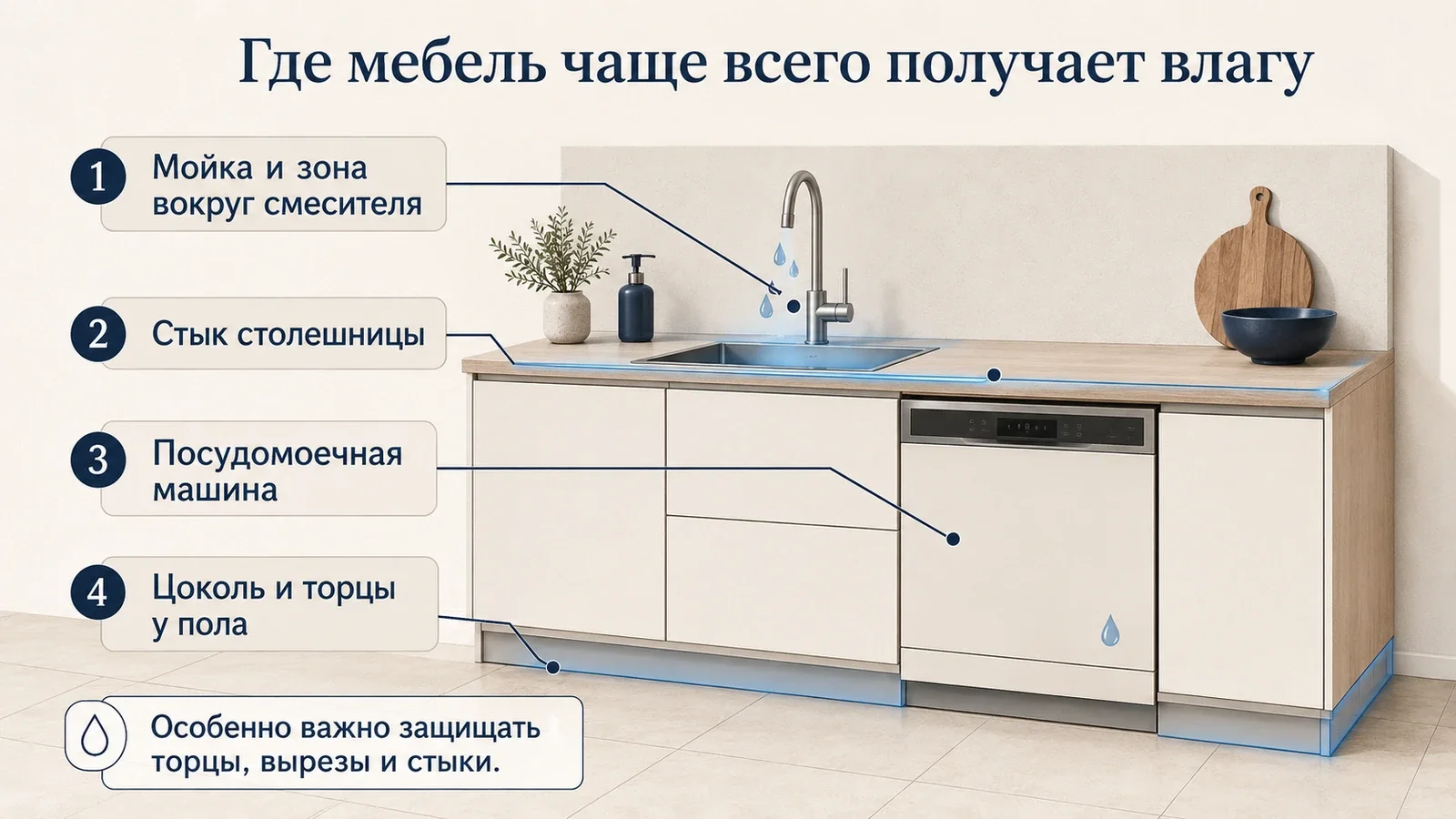 Схема кухонной мебели с отмеченными зонами, где чаще всего появляется влага