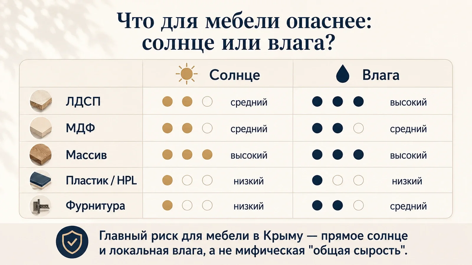 Сравнительная инфографика о том, что для мебели опаснее — солнце или влага