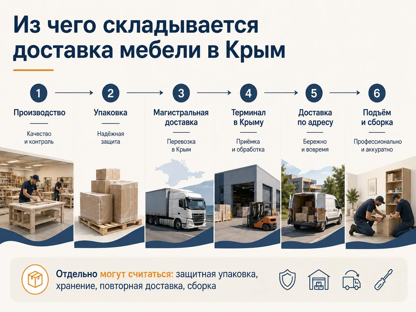 Этапы доставки мебели в Крым от производства до подъёма и сборки