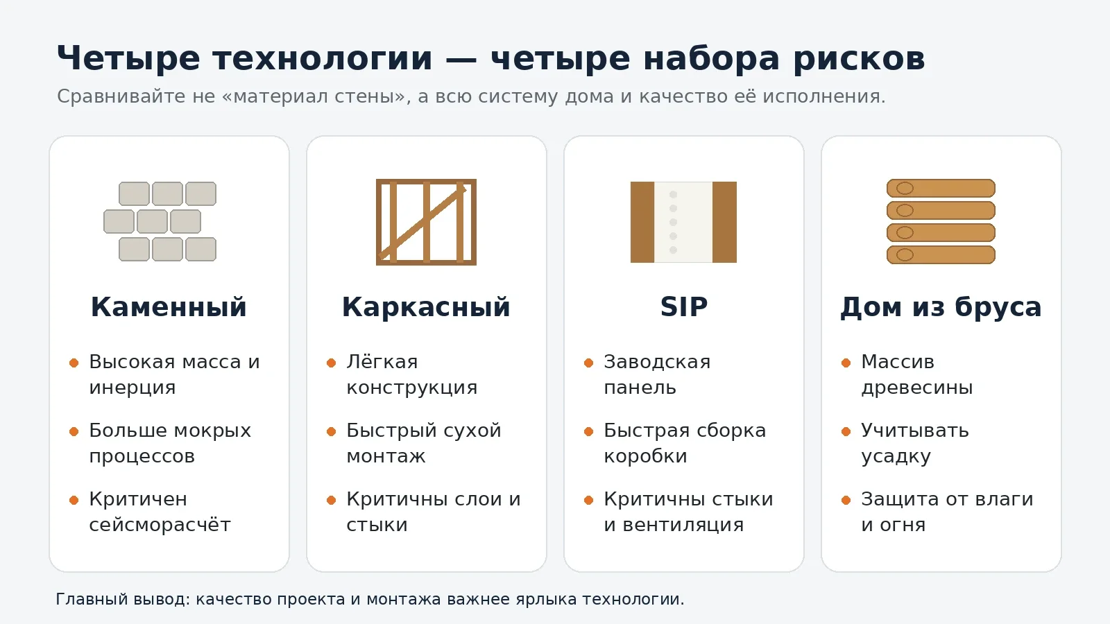 Ключевые особенности каменной, каркасной, SIP и брусовой технологий