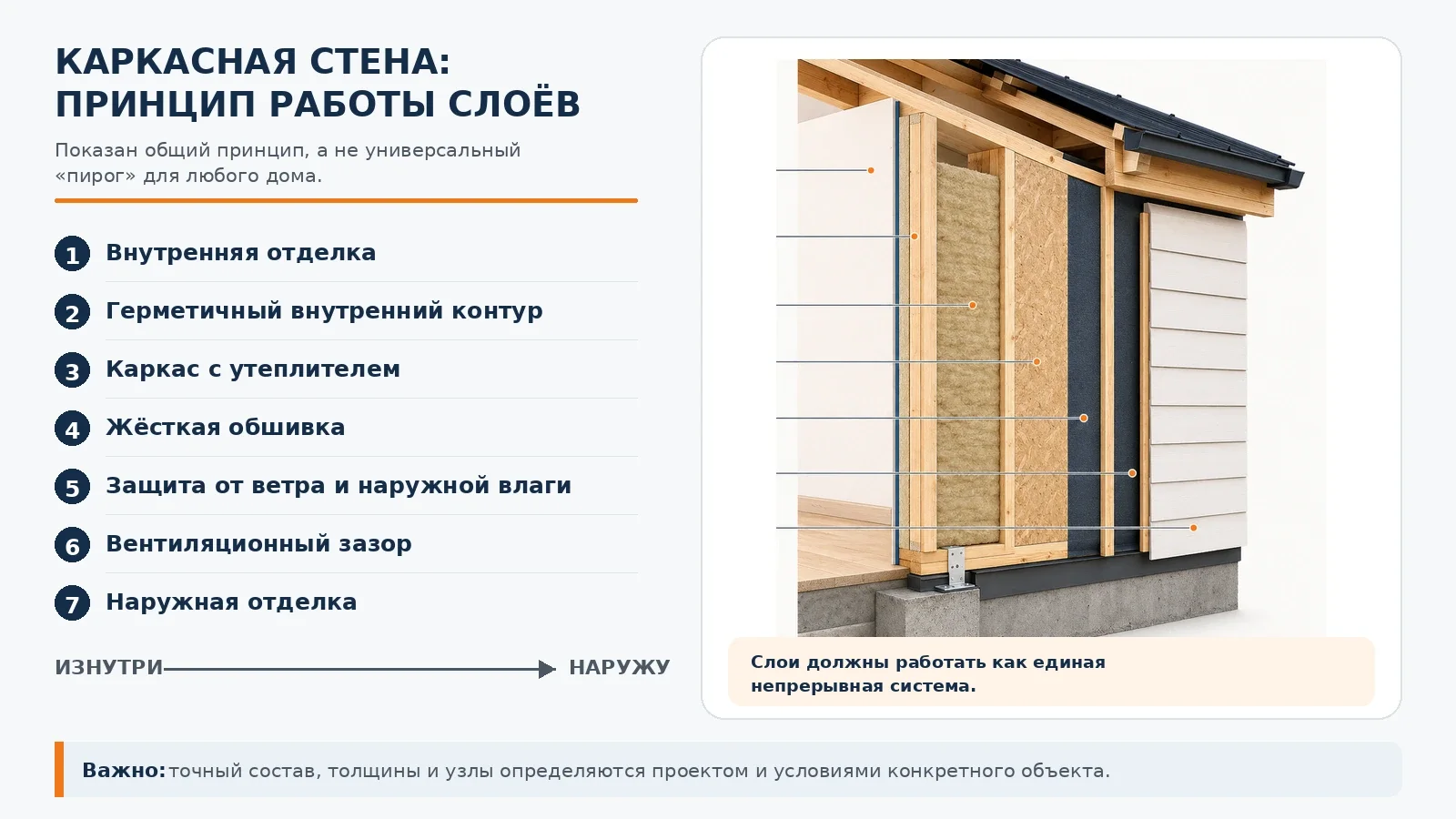 Принципиальная схема слоёв каркасной стены от внутренней отделки до наружного фасада