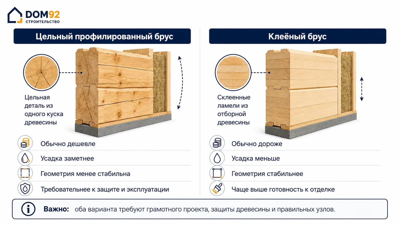 Сравнение цельного профилированного и клеёного стенового бруса