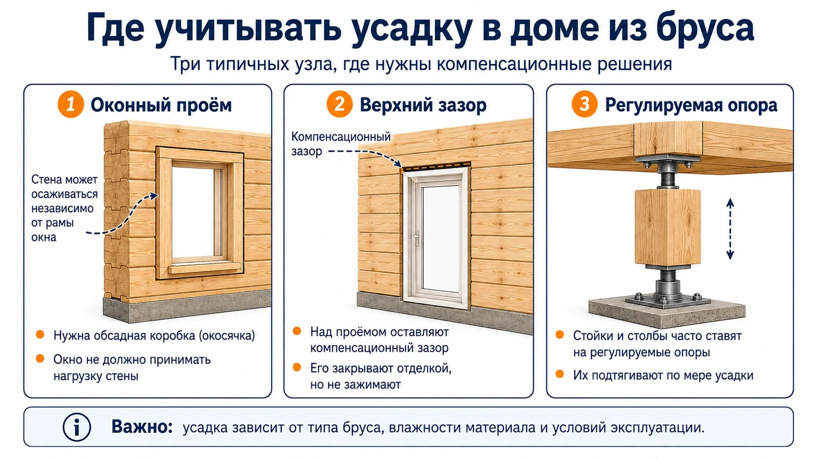 Как усадка брусовой стены влияет на окно, стойку и жёсткие примыкания