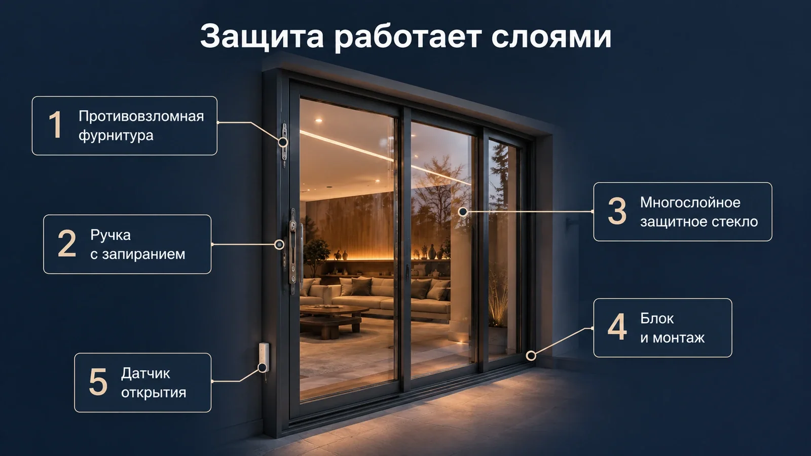 Пять уровней защиты окна и панорамной двери: фурнитура, ручка, стекло, блок и датчик