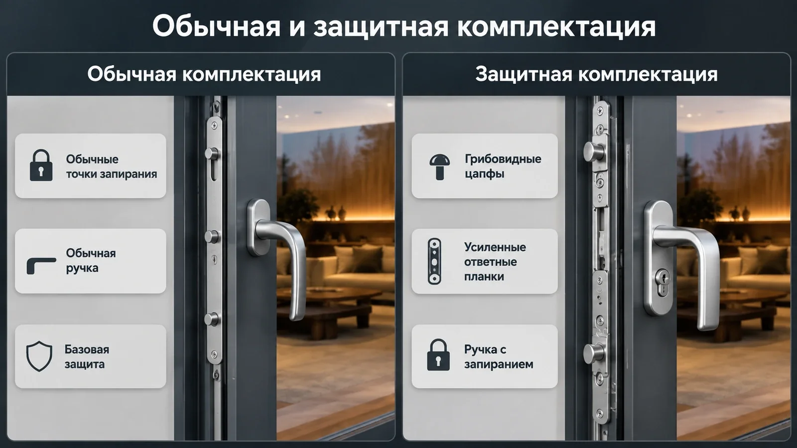 Сравнение обычной и защитной комплектации оконной фурнитуры