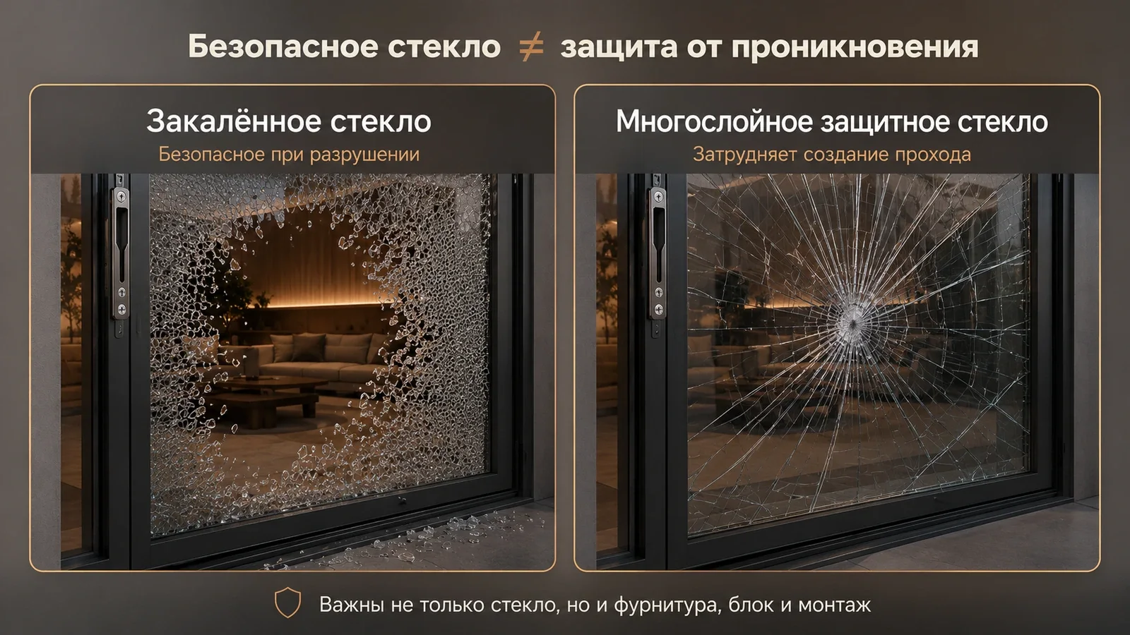 Сравнение поведения закалённого и многослойного защитного стекла после удара