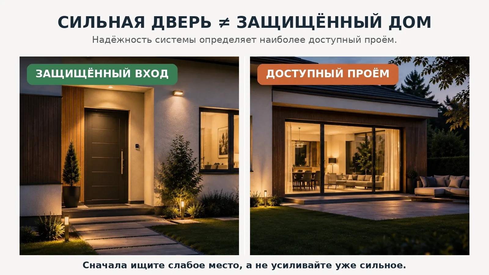 Сравнение защищённого входа и крупной панорамной террасной двери как двух доступных проёмов одного дома