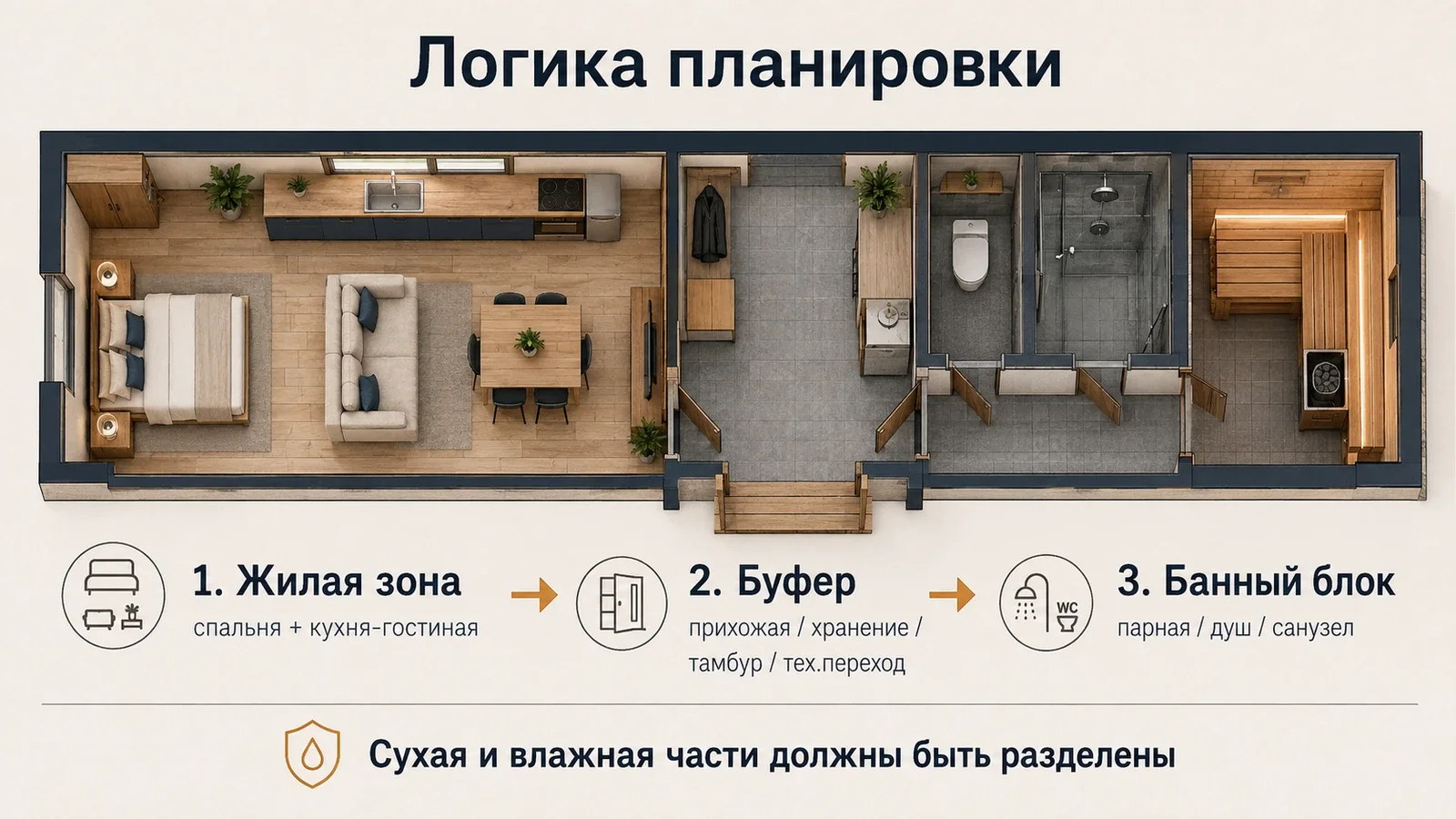 Схема зонирования гостевого дома-бани: жилая зона, буфер и банный блок