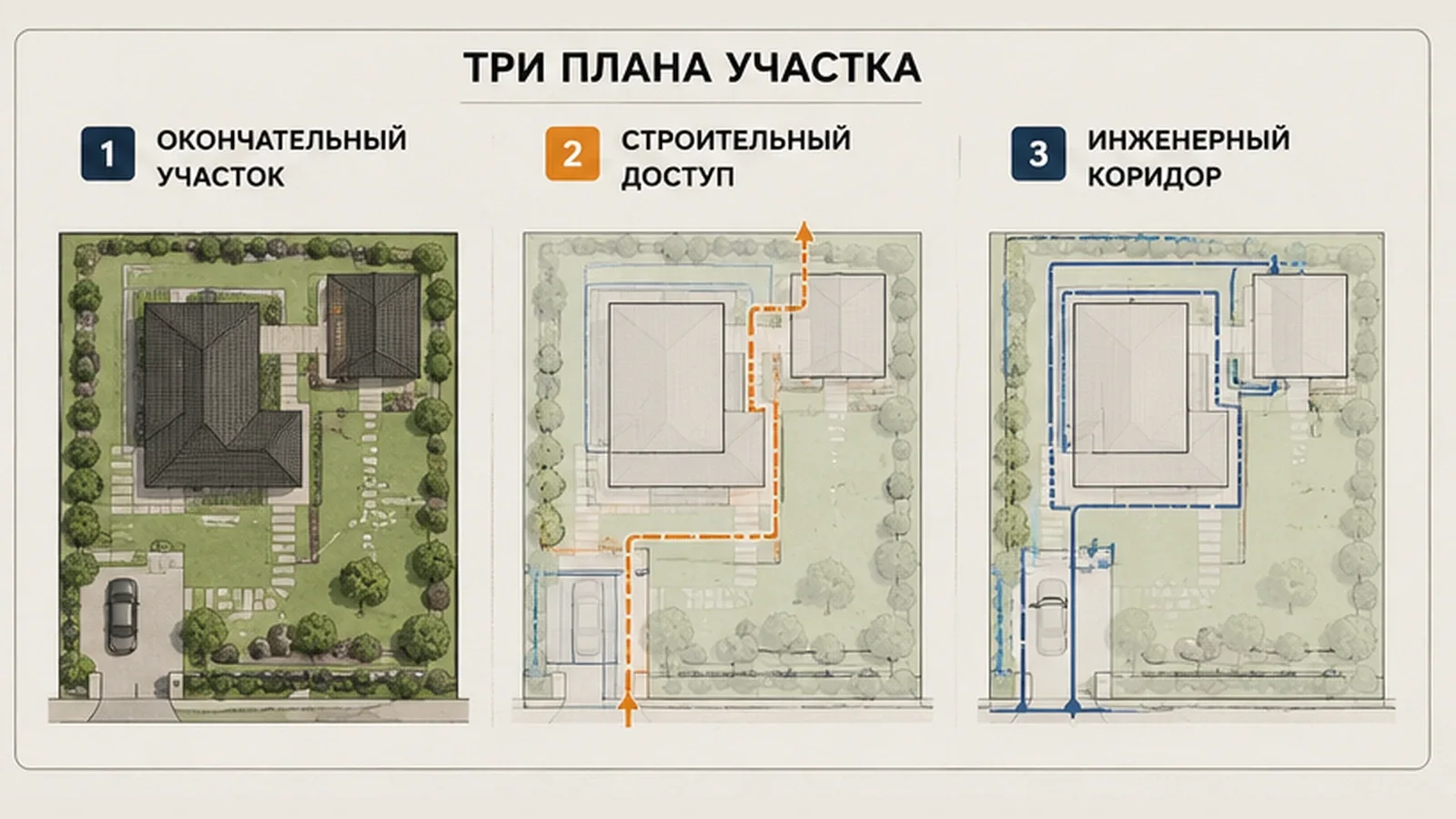 Три плана участка: окончательная схема, строительный доступ и инженерный коридор