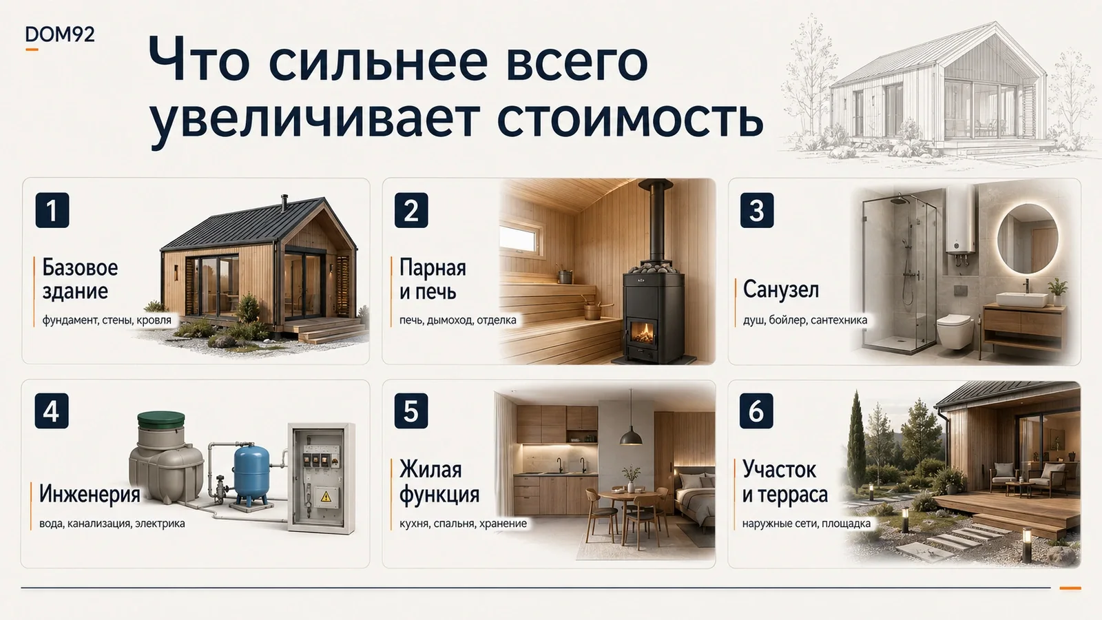 Основные блоки, которые увеличивают стоимость бани и гостевого дома-бани