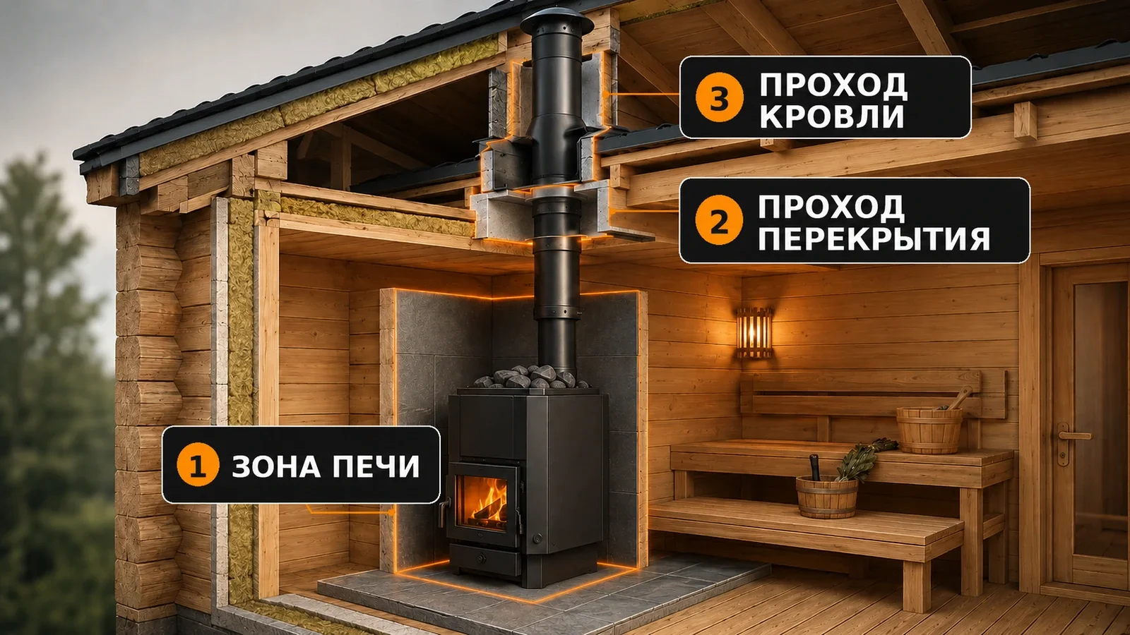 Архитектурный разрез деревянной бани с печью и вертикальным дымоходом через перекрытие и кровлю