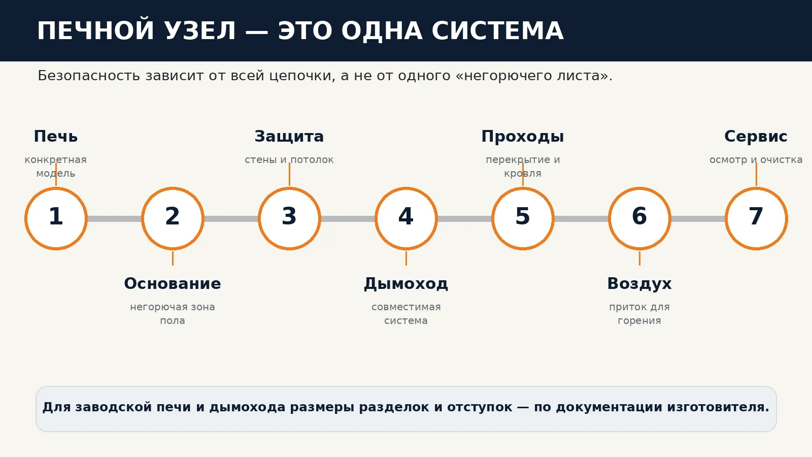 Схема печного узла как единой системы из печи, основания, защиты, дымохода, проходов, притока воздуха и обслуживания