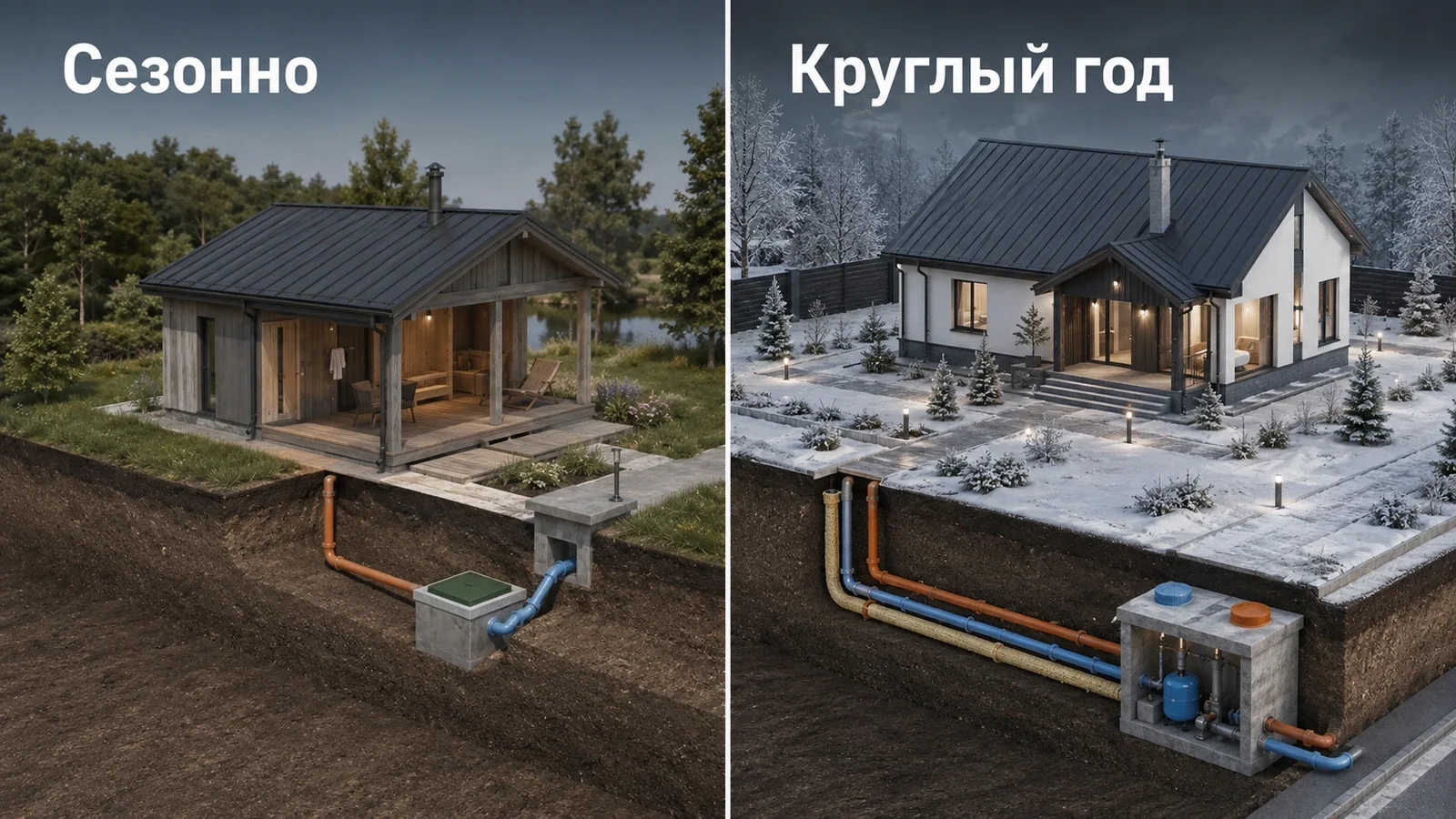 Сравнение сезонной и круглогодичной схемы эксплуатации воды и канализации