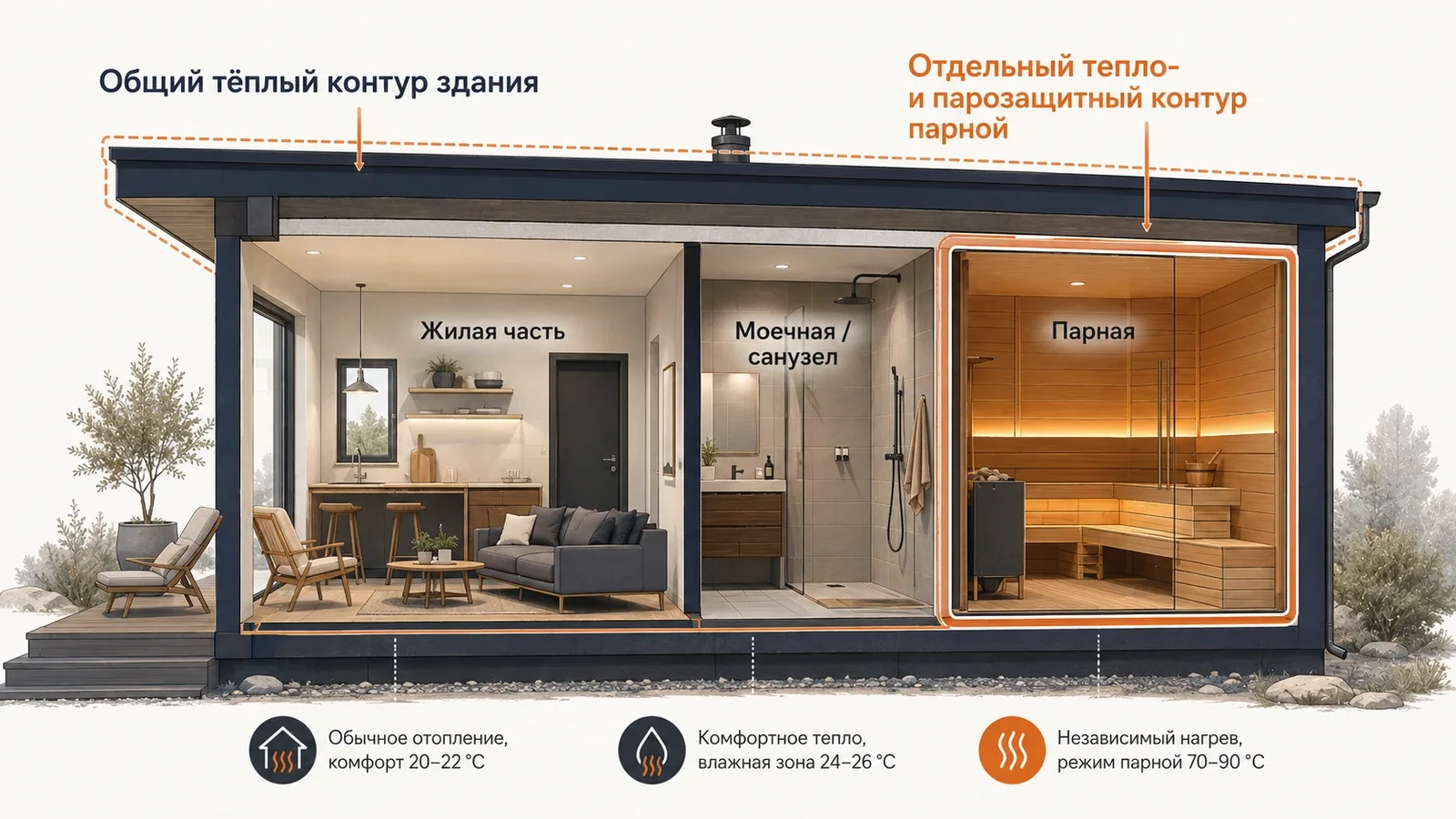 Схема двух тепловых контуров гостевого дома-бани: жилой части и парной