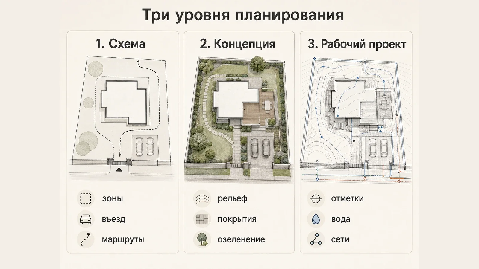 Три уровня планирования участка: базовая схема, ландшафтная концепция и рабочий проект