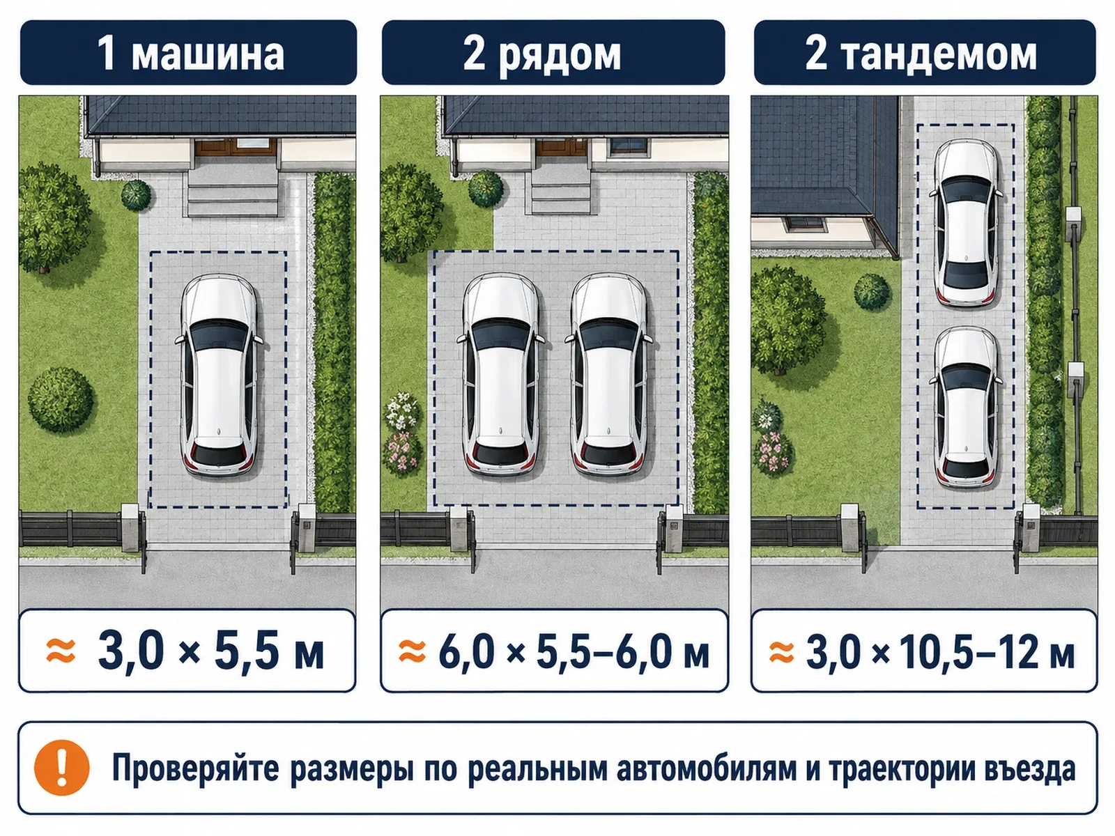 Три схемы парковки на участке: одно место, две машины рядом и две машины друг за другом