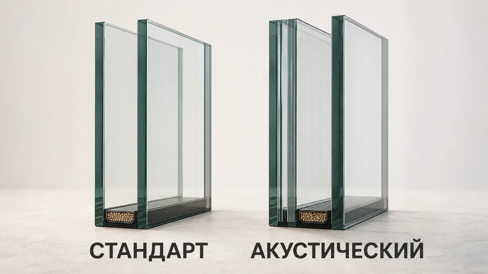Сравнение стандартного и акустического стеклопакетов: справа показана асимметричная конструкция с ламинированным стеклом для лучшей защиты от шума.