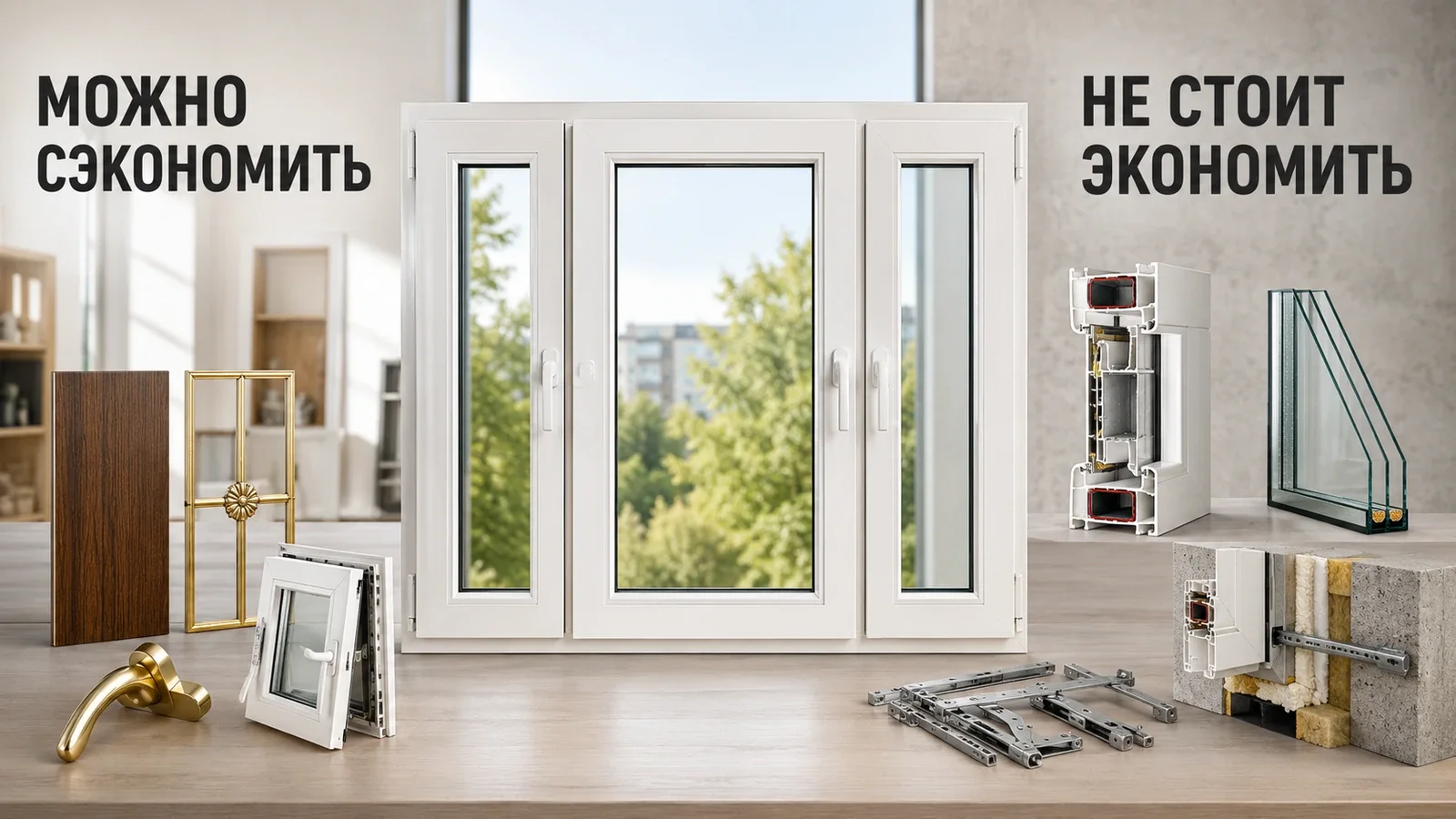 Трёхчастное ПВХ-окно с разделением элементов на те, на которых можно сэкономить, и критически важные элементы — профиль, стеклопакет, фурнитуру и монтажный узел.