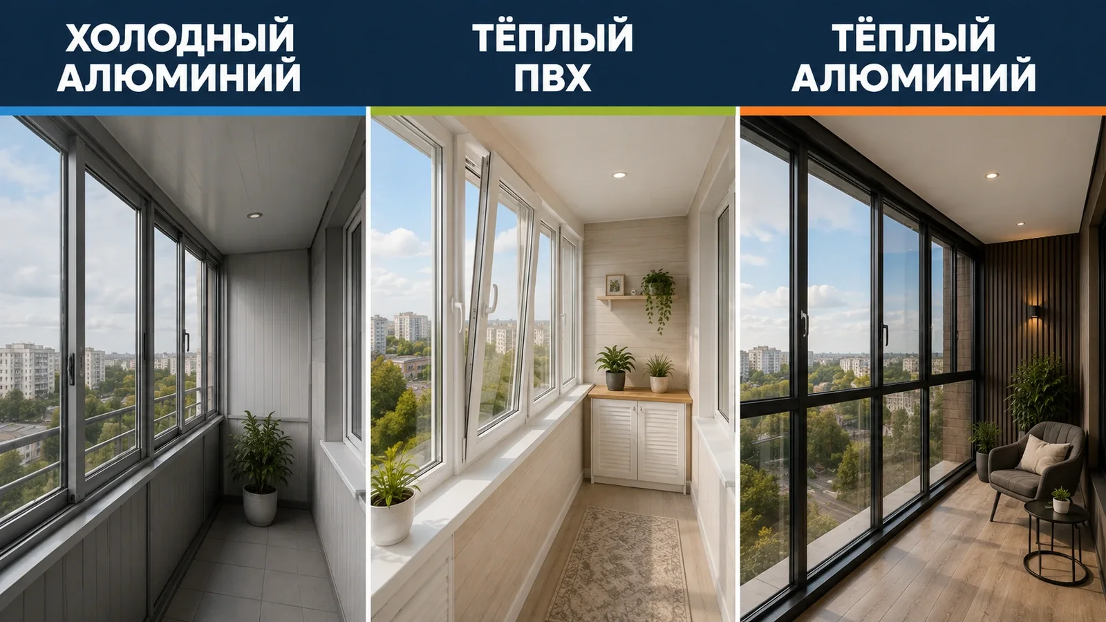 Сравнение трёх вариантов остекления балкона: холодного алюминия, тёплого ПВХ и тёплого алюминия в разных сценариях использования.