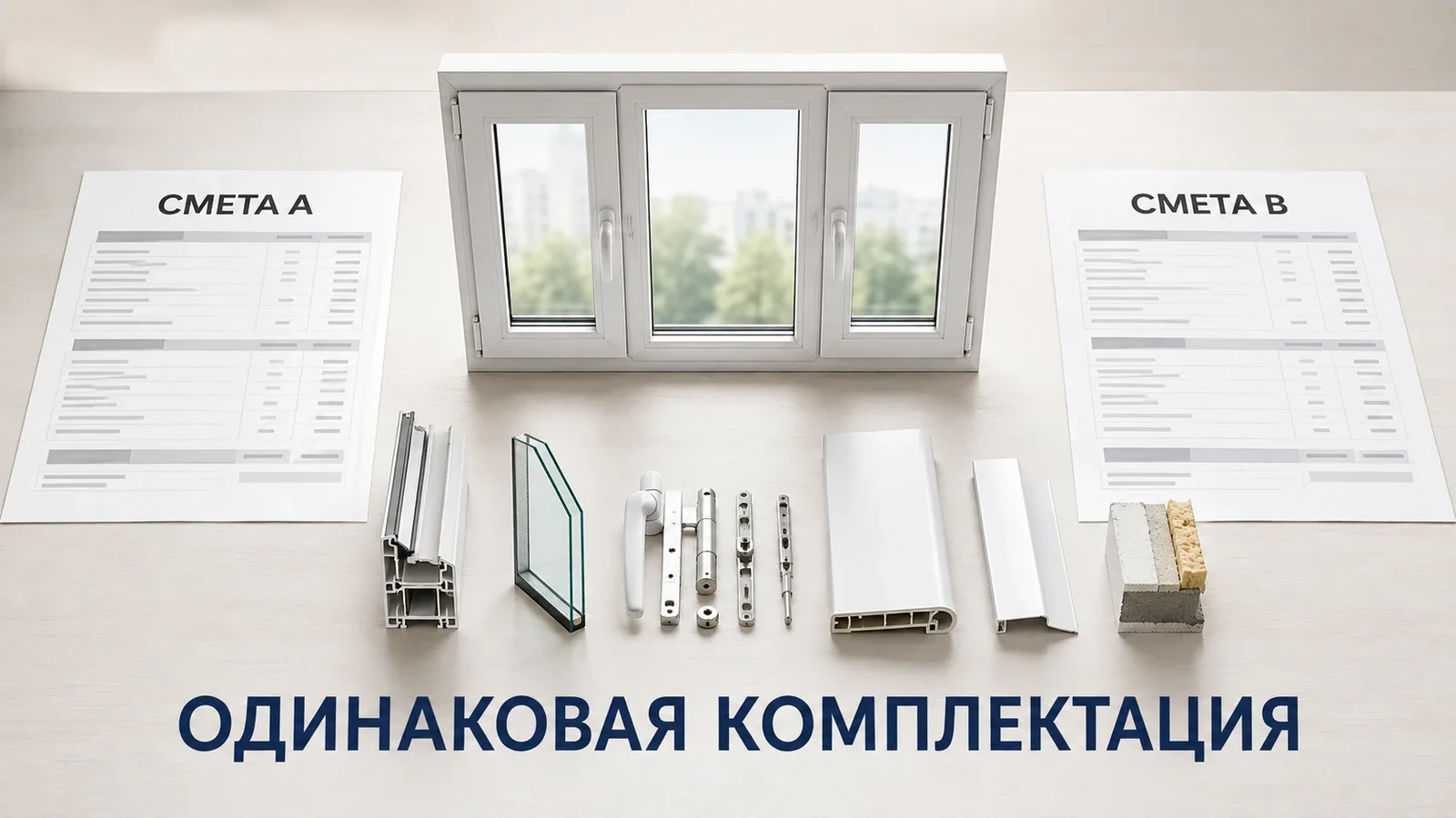 Две оконные сметы A и B сравниваются при одинаковой комплектации: ПВХ-профиль, стеклопакет, фурнитура, подоконник, отлив и монтажный узел.