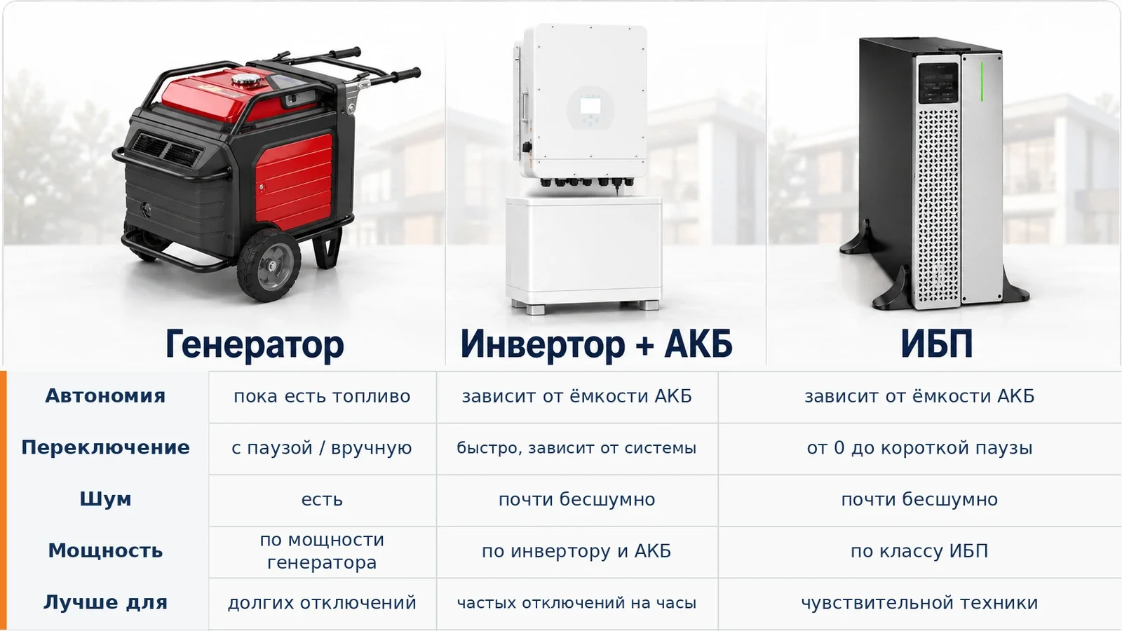 Сравнение генератора, инвертора с аккумуляторами и ИБП для резервного питания дома