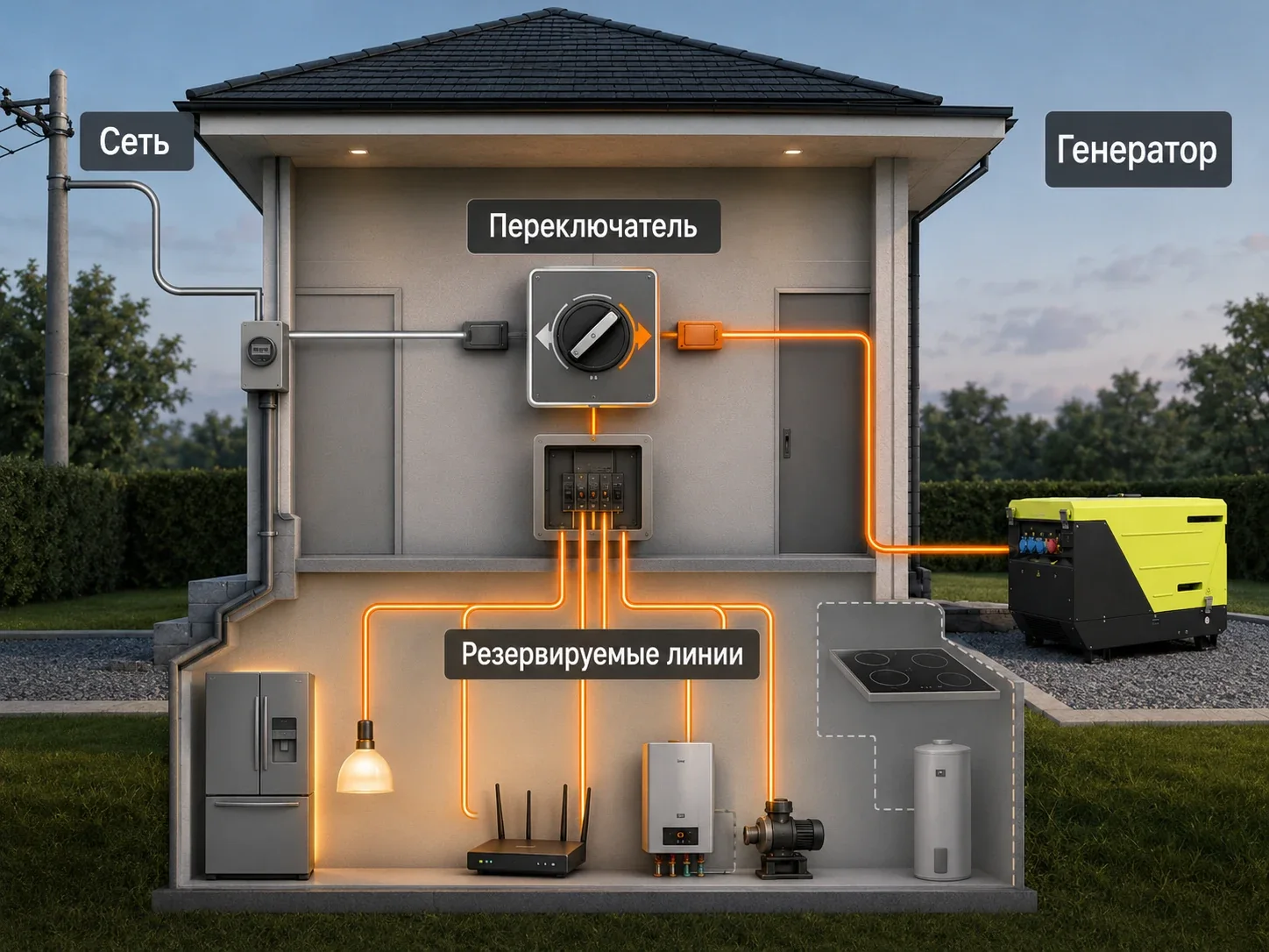 Безопасное подключение генератора через переключатель источников и отдельные резервируемые линии