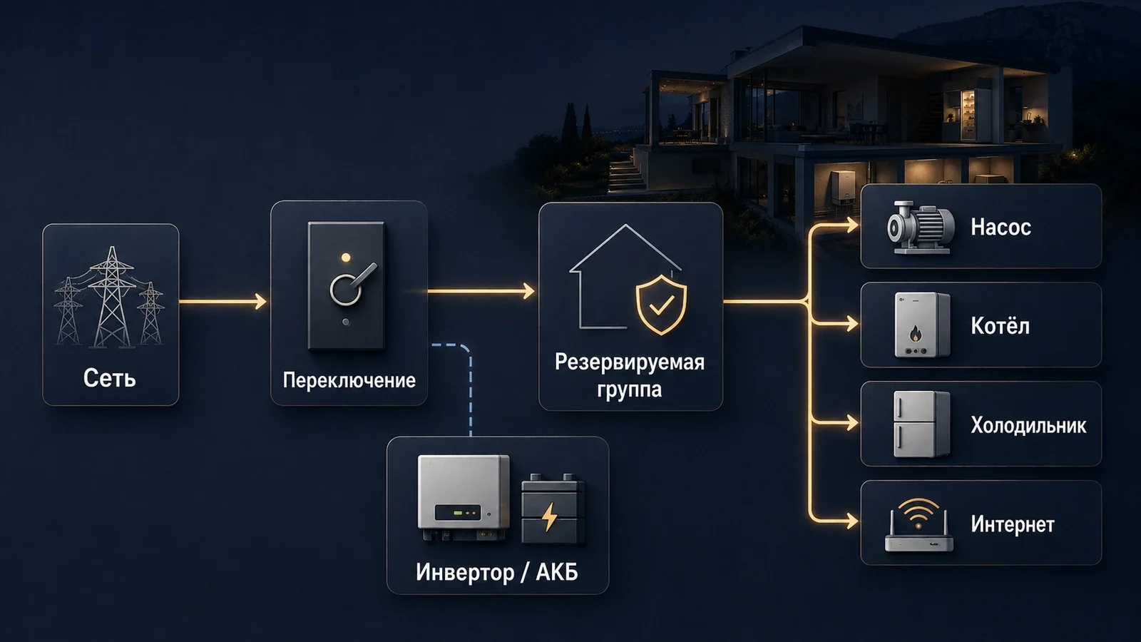 Принципиальная схема резервируемой группы для насоса, котла, холодильника и интернета