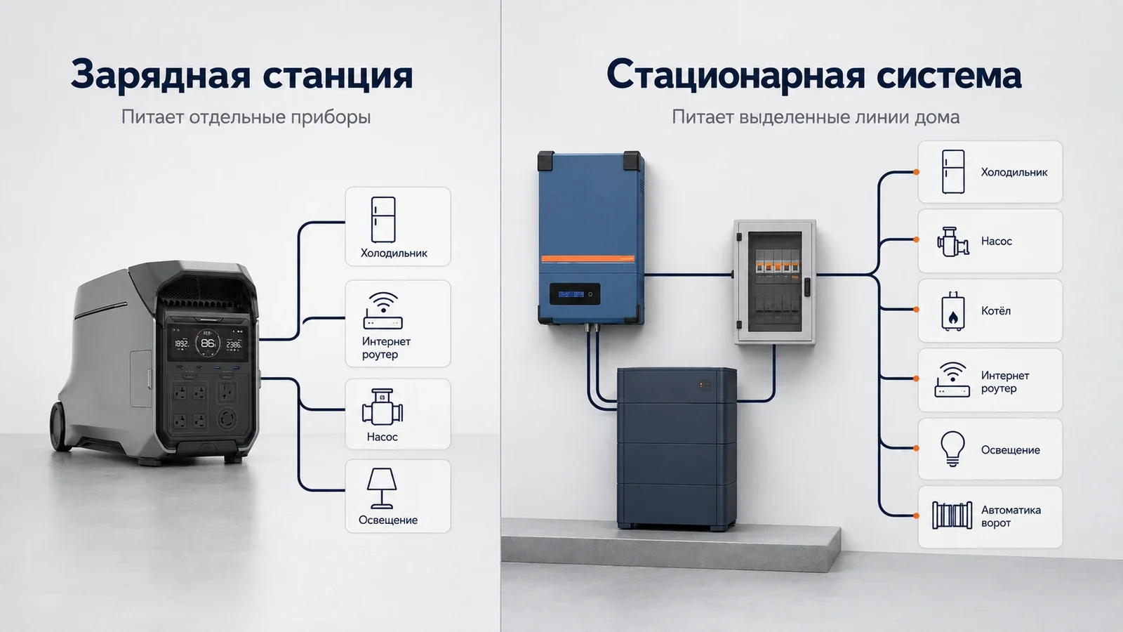 Сравнение питания отдельных приборов от зарядной станции и выделенных линий дома от стационарной системы