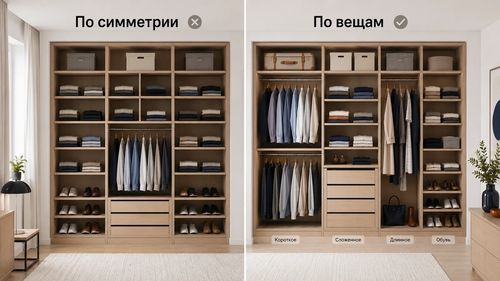 Сравнение симметричного и функционального наполнения шкафа