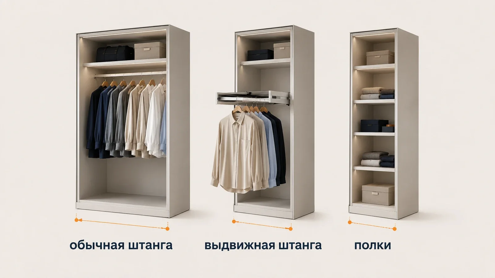 Сравнение глубины шкафа для обычной штанги, выдвижной штанги и полок