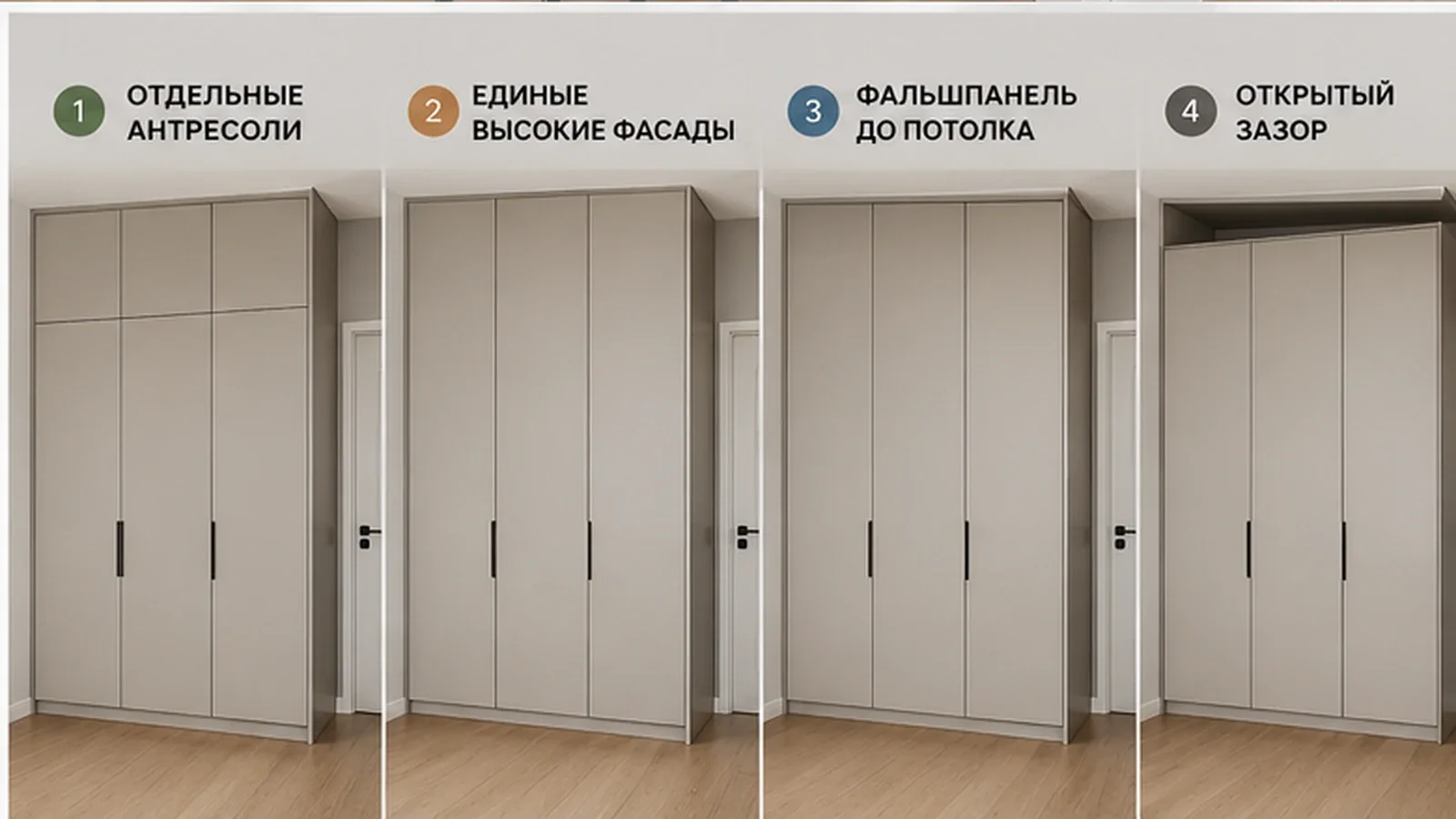 Четыре варианта верхней части шкафа: антресоли, высокие фасады, фальшпанель и открытый зазор