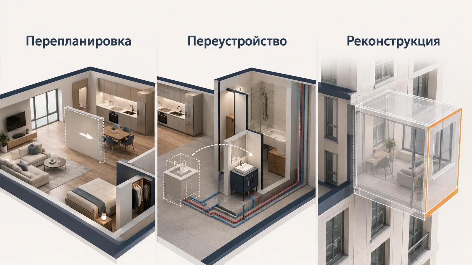 Три сценария: перенос перегородки, перенос сантехники и изменение внешних параметров дома